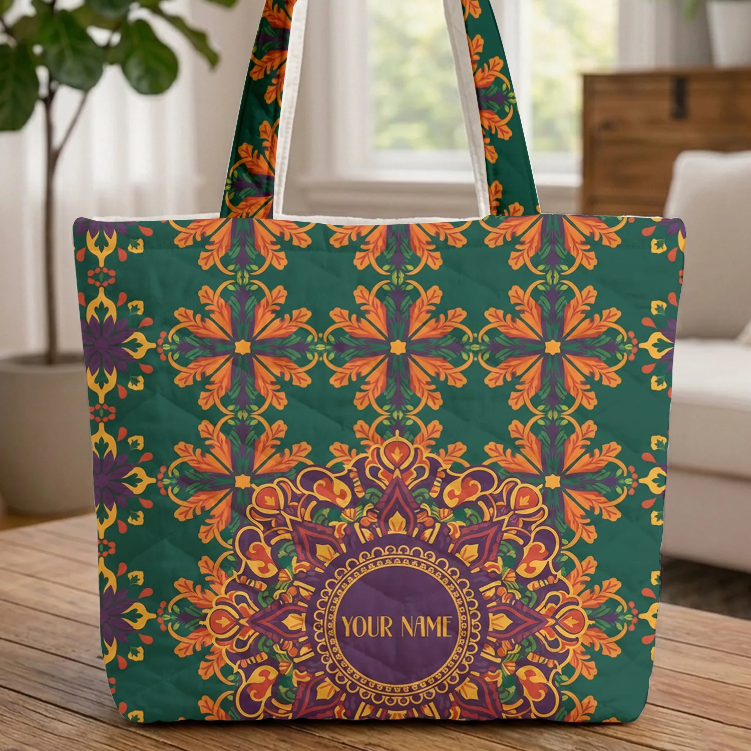 Dashiki Geometric Interlocking Florets Name Medallion - Everyday Carry Travel Essentials Gift Quilted Tote Bag - 1