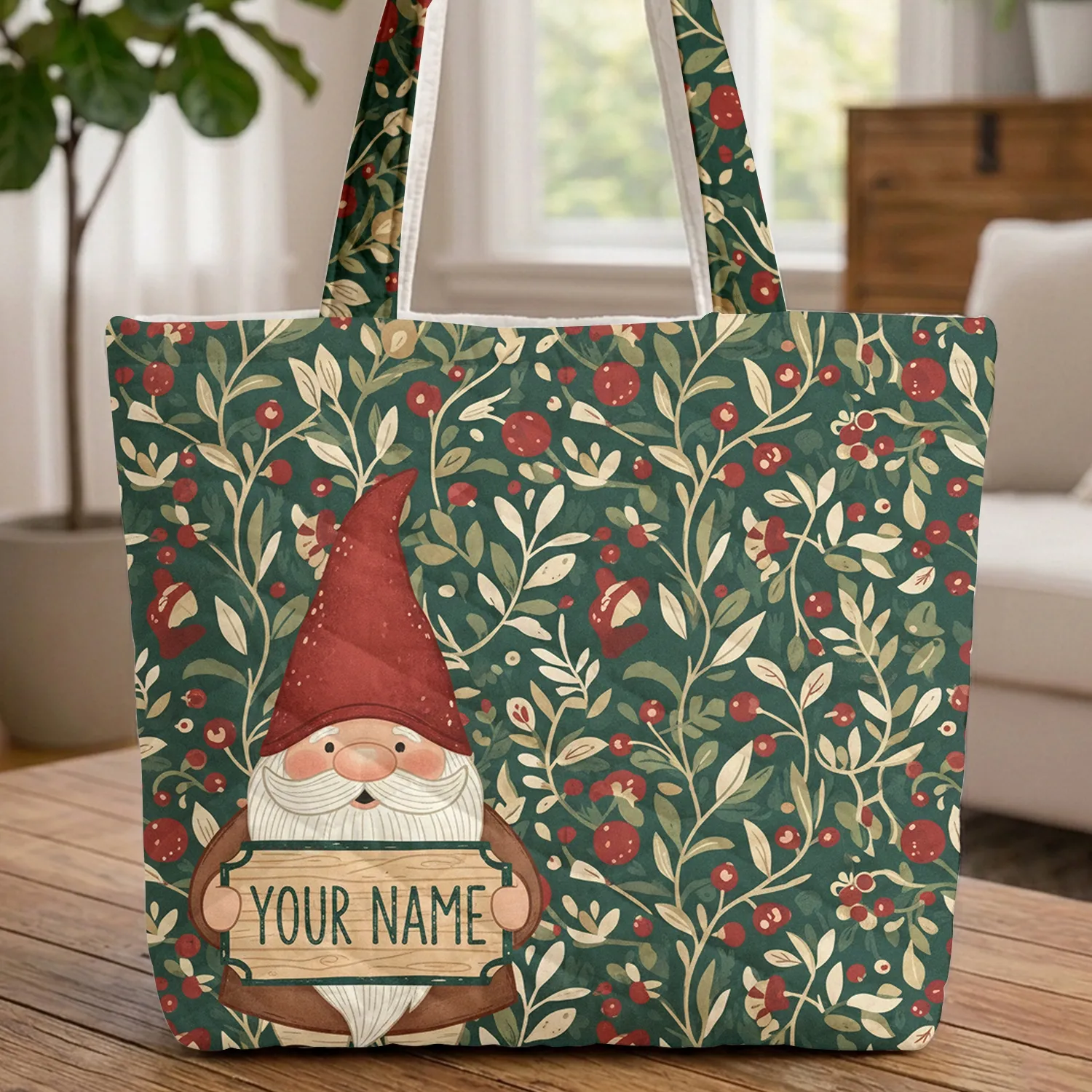 Garden Gnome Personalized Name Forest Foliage - Everyday Carry Gift Quilted Tote Bag - 1