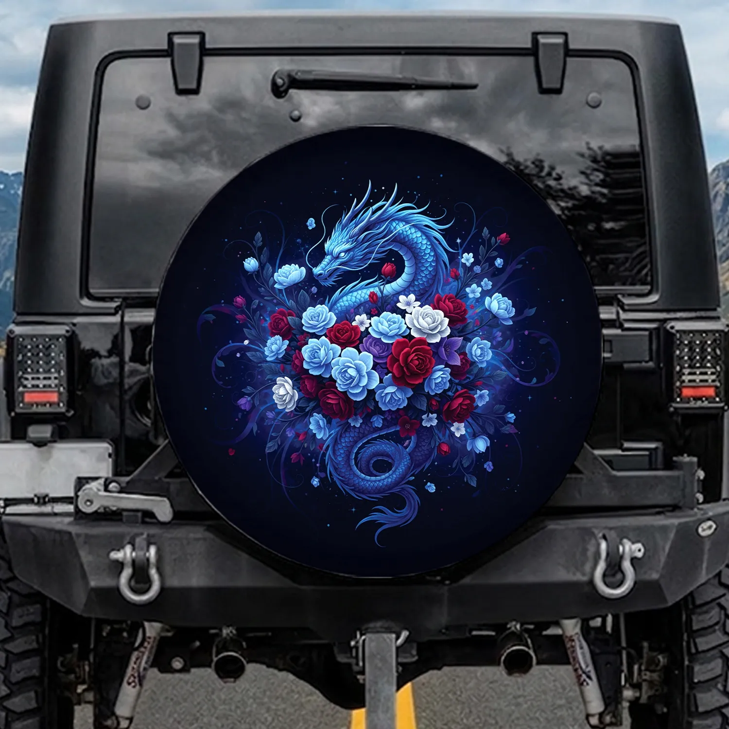 Mythic Eastern Dragon Floral Blooms Fantasy Travel Decor Gift Spare Tire Cover - 1