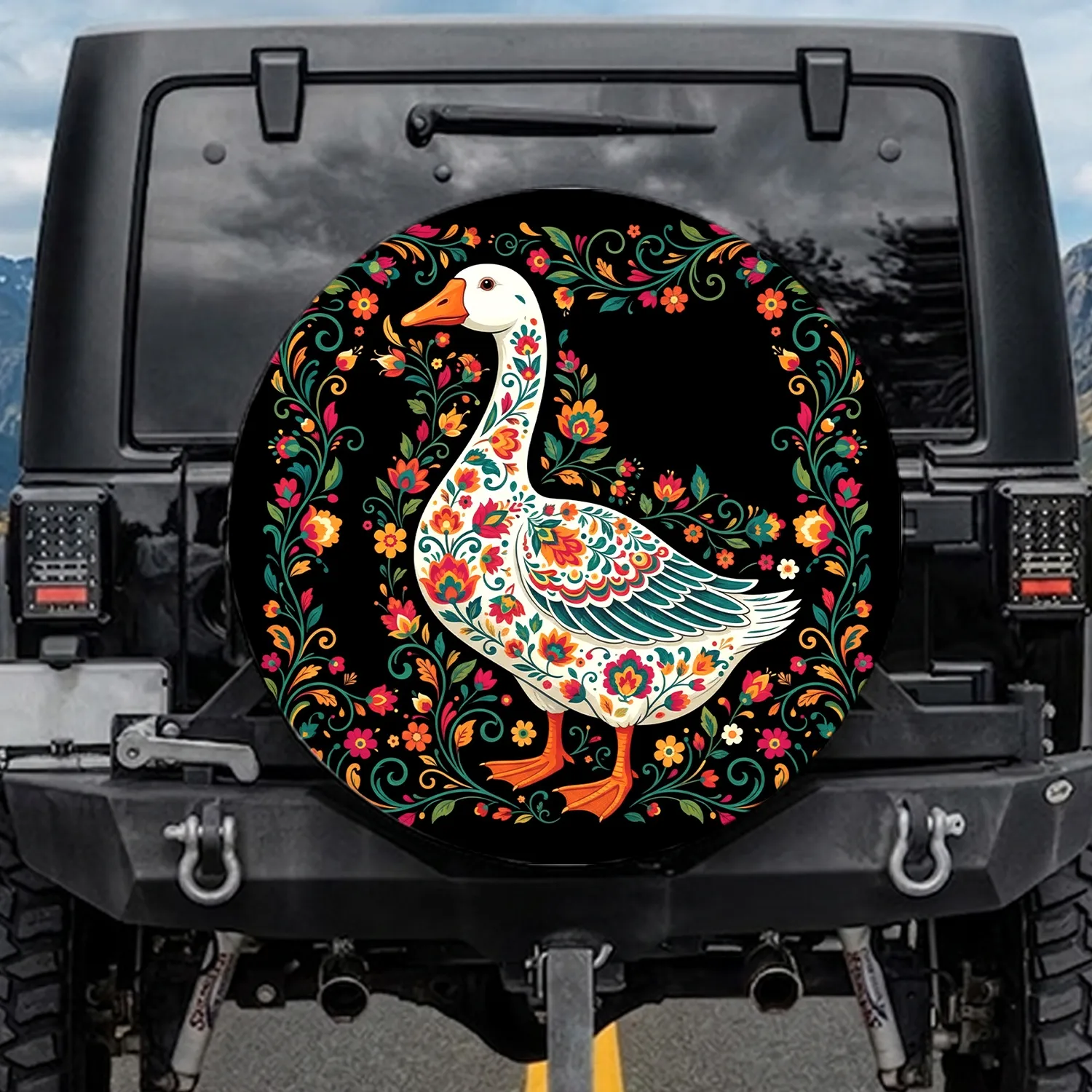 White Goose Folk Art Floral Blossoms Leaves Swirling Tendrils - Wildlife Lover Gift Spare Tire Cover - 1