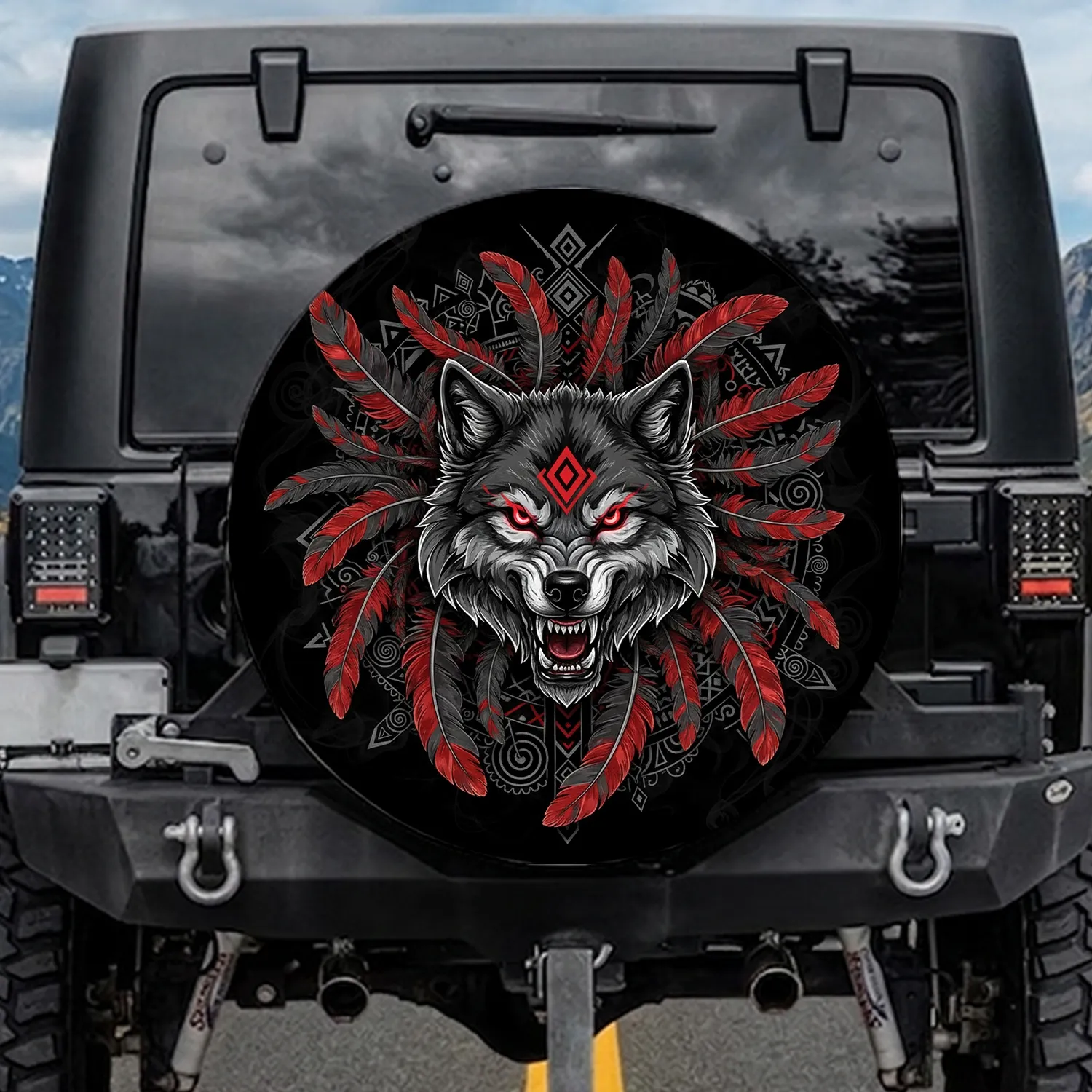 Grey Wolf Head Red Eye Tribal Red Diamond Feather - Wolf Lover Gift Spare Tire Cover - 1