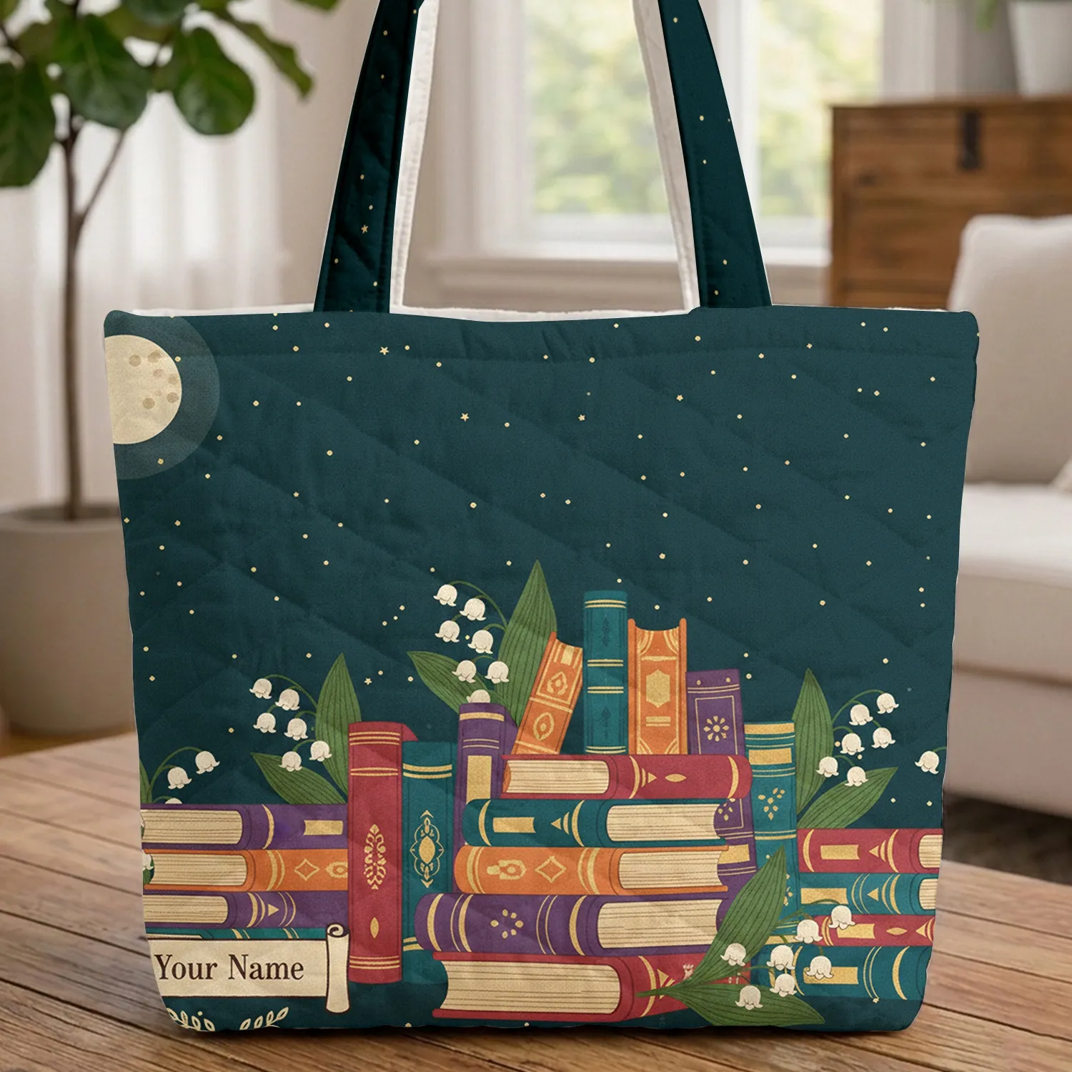 Personalized Books Lily-of-the-Valley Starry Night - Book Lover Everyday Carry Gift Quilted Tote Bag - 1