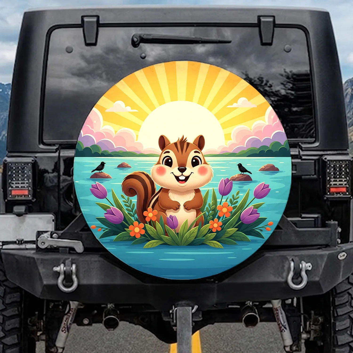 Chipmunk Forest Foliage Sun Water Birds Clouds - Wildlife Lover Vehicle Accessory Spare Tire Cover - 1