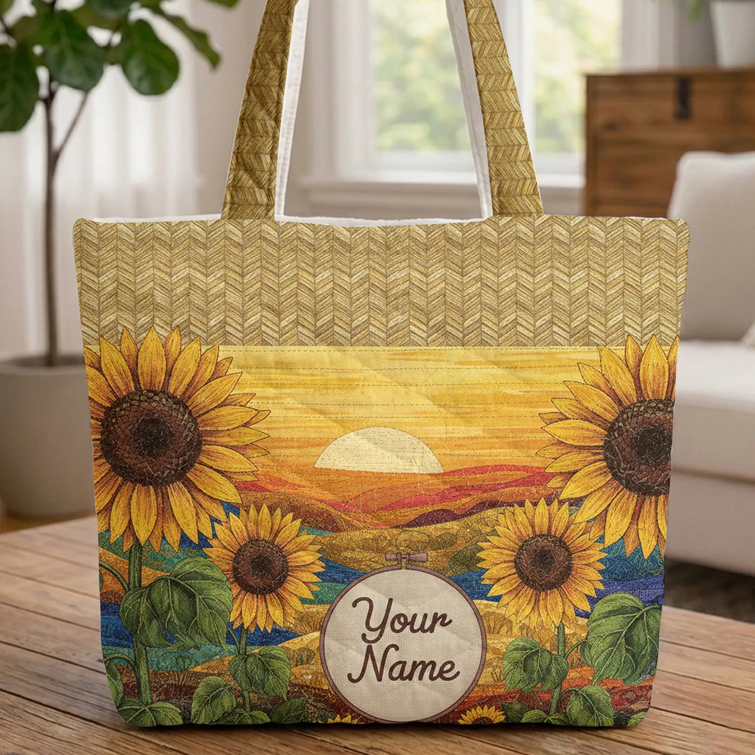 Ornate Sunflowers Rolling Hills Setting Sun - Everyday Carry Gift Quilted Tote Bag - 1