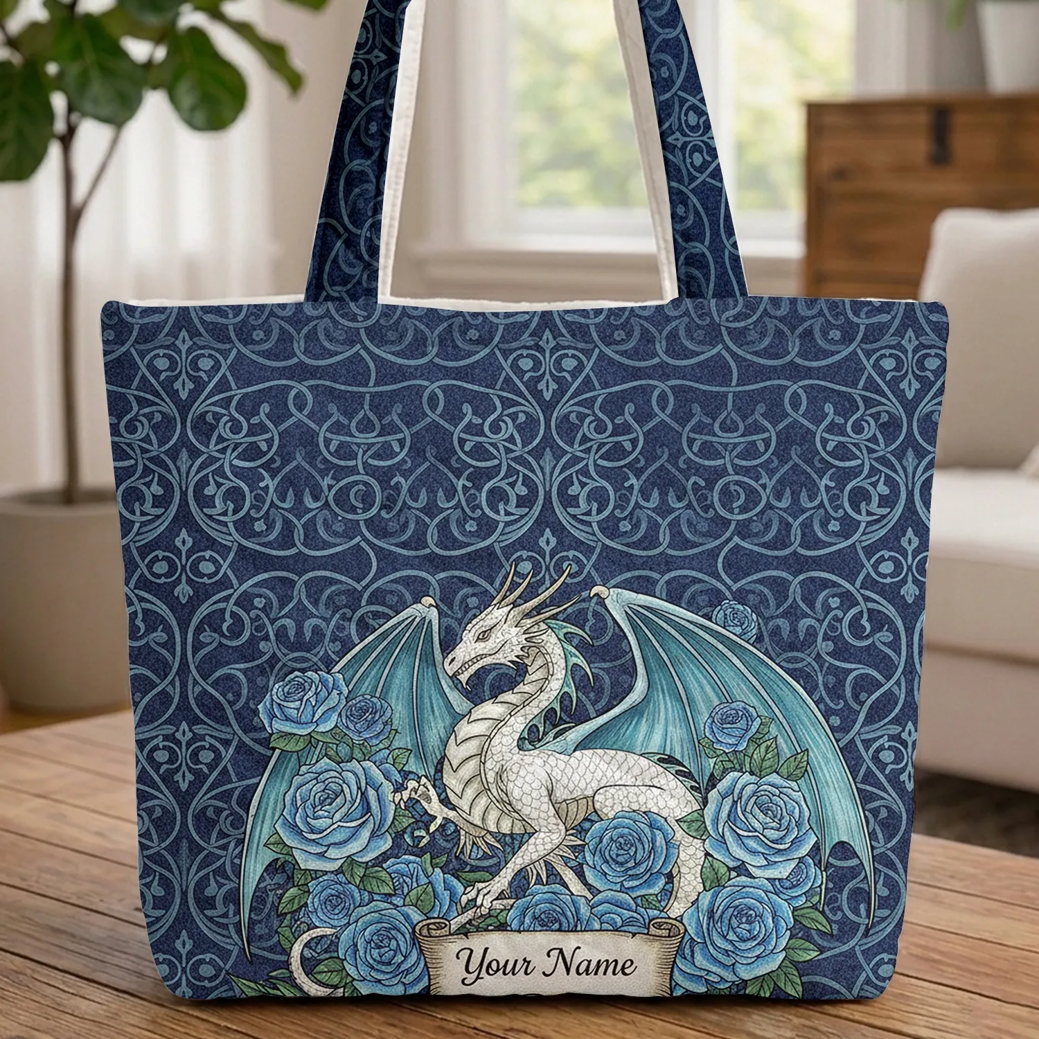 Majestic Dragon Blue Roses Vines Personalized Name - Everyday Carry Gift Quilted Tote Bag - 1