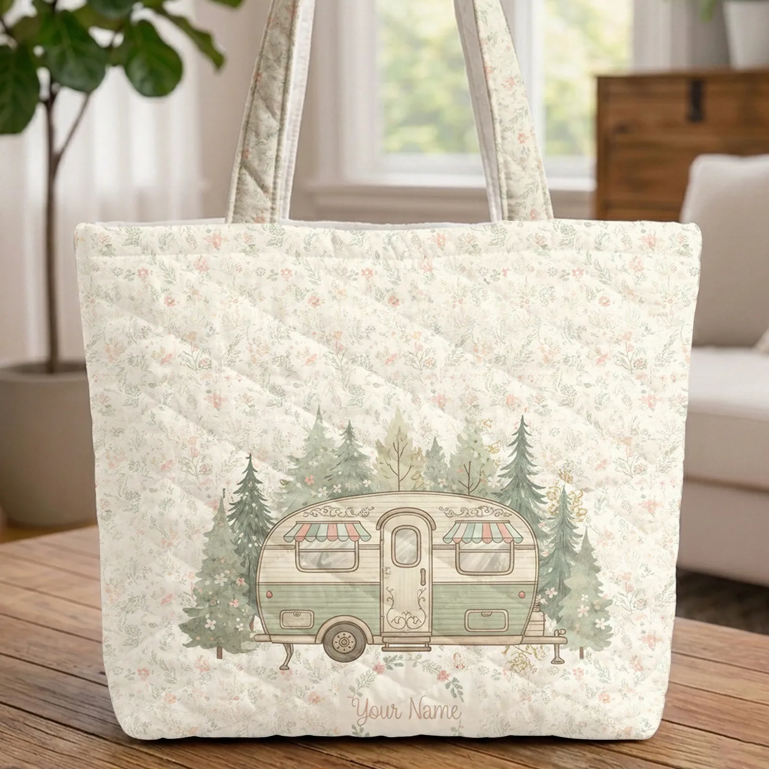 Vintage Travel Trailer Pine Forest Wildflowers - Travel Essentials Everyday Carry Quilted Tote Bag - 1