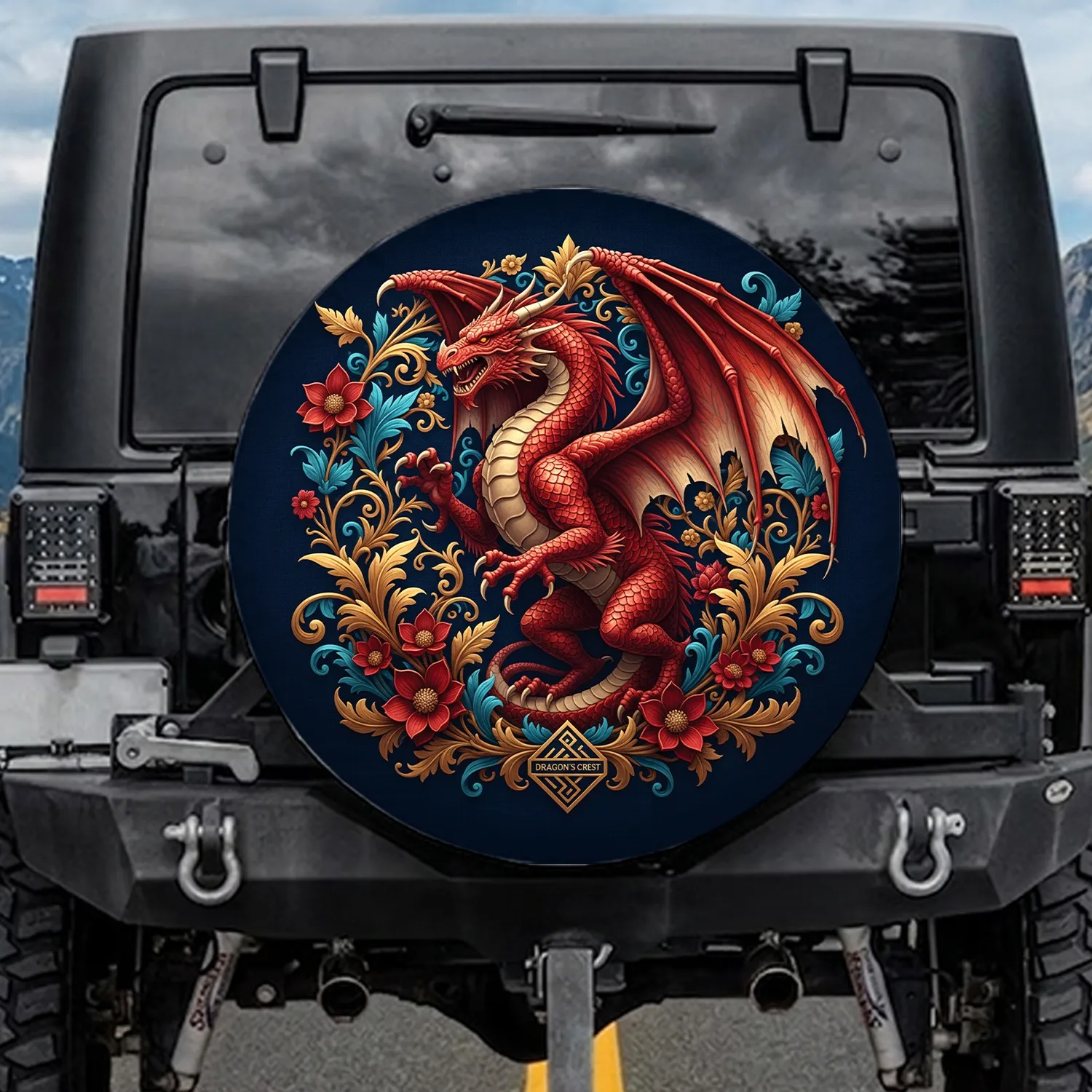 Red Dragon Wings Claws Gold Floral Blooms Teal Foliage - Unique Outdoor Car Accessory Spare Tire Cover - 1