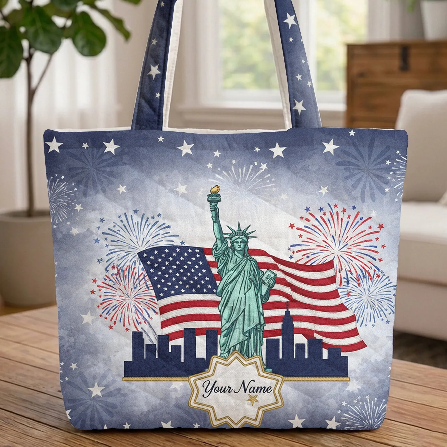 Personalized Name Statue of Liberty American Flag - Independence Day Everyday Carry Gift Quilted Tote Bag - 1