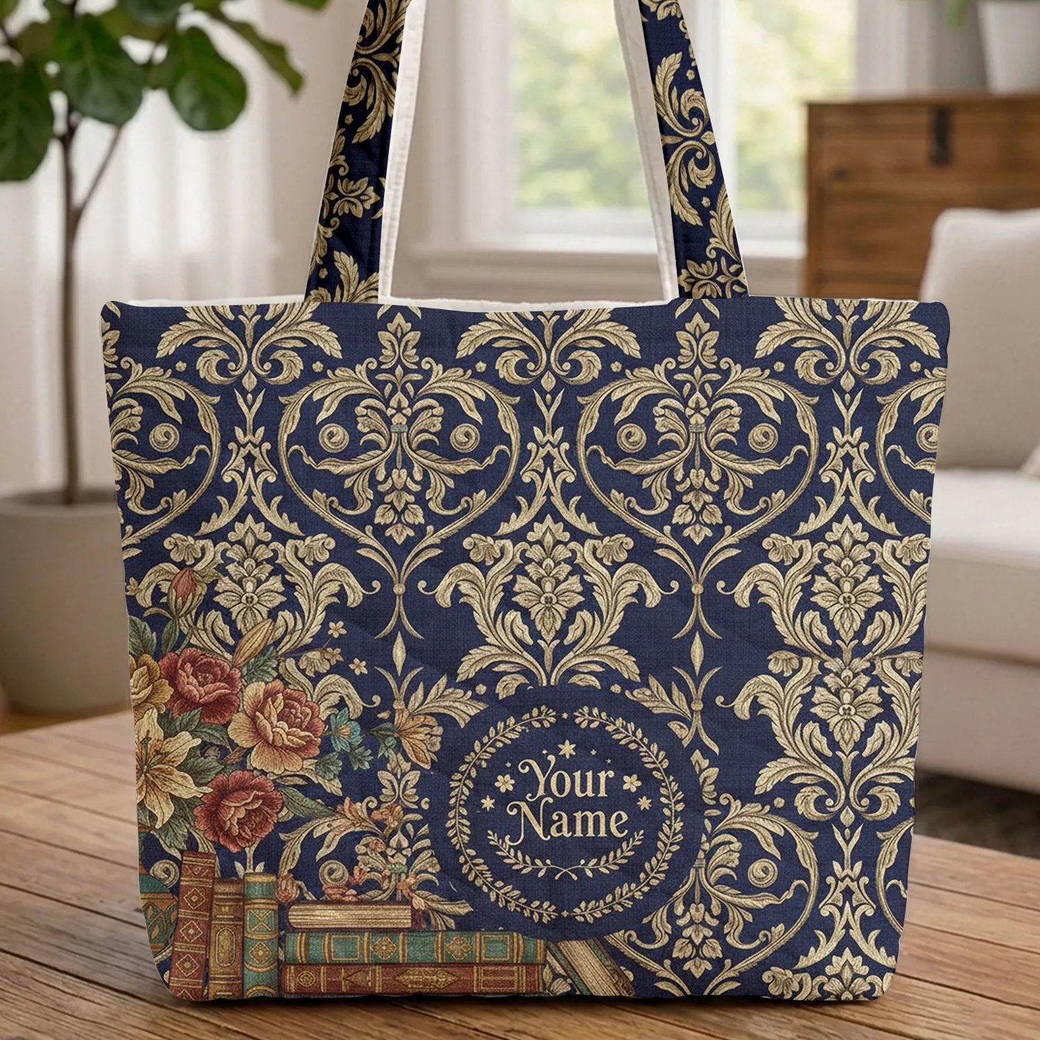 Swirling Damask Ornate Antique Books Floral Wreath - Everyday Carry Gift Quilted Tote Bag - 1
