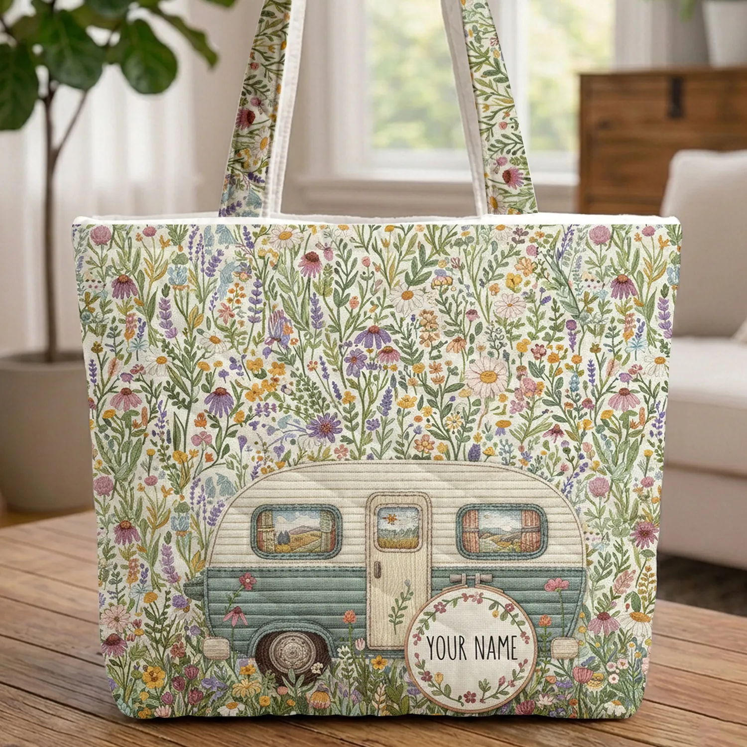 Camper Van Wildflower Name Hoop - Everyday Carry Travel Essentials Gift for Traveler Quilted Tote Bag - 1
