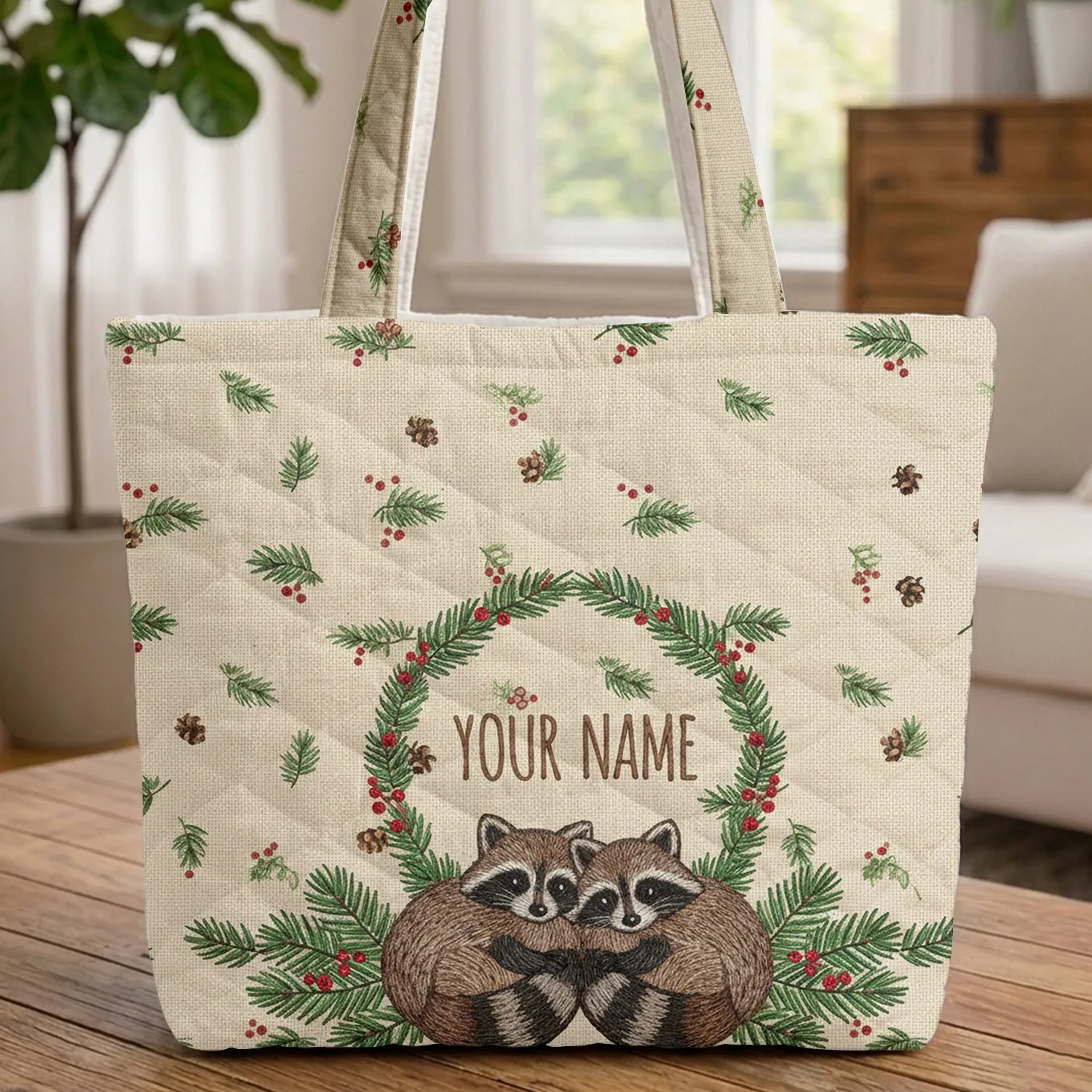 Raccoons Evergreen Pine Wreath Berries - Wildlife Lover Everyday Carry Gift Quilted Tote Bag - 1