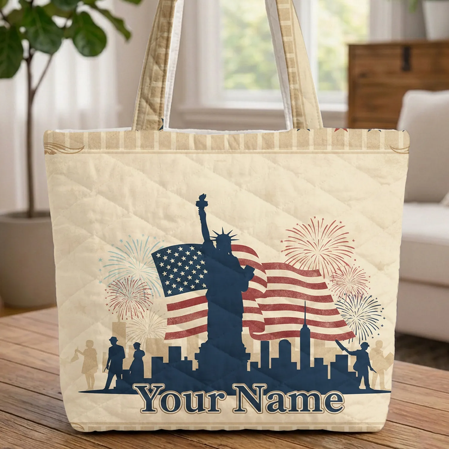 Statue of Liberty American Flag Cityscape - Independence Day Travel Essentials Gift for Veterans Quilted Tote Bag - 1