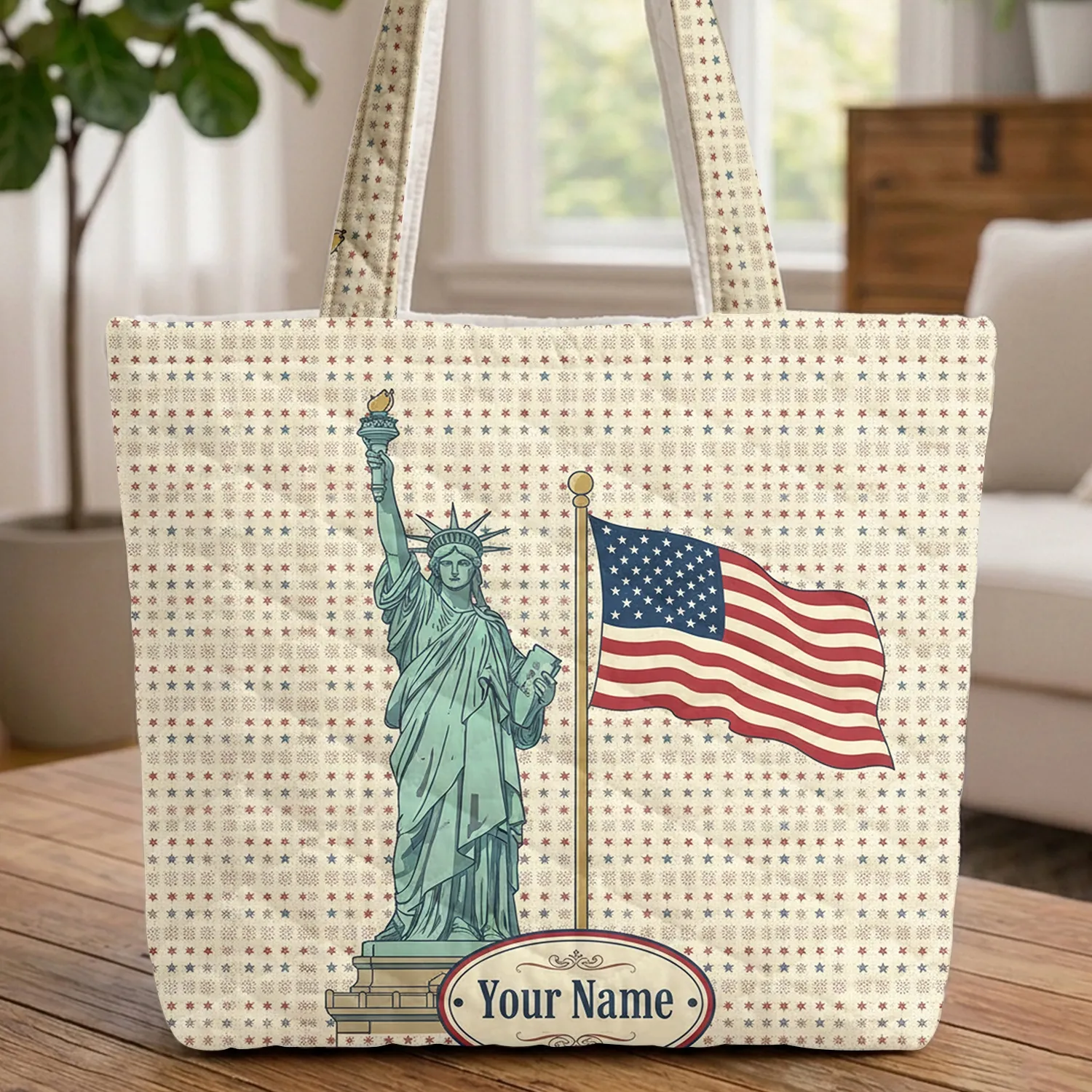 Statue of Liberty American Flag Enamel Plaque - Independence Day Gift Quilted Tote Bag - 1