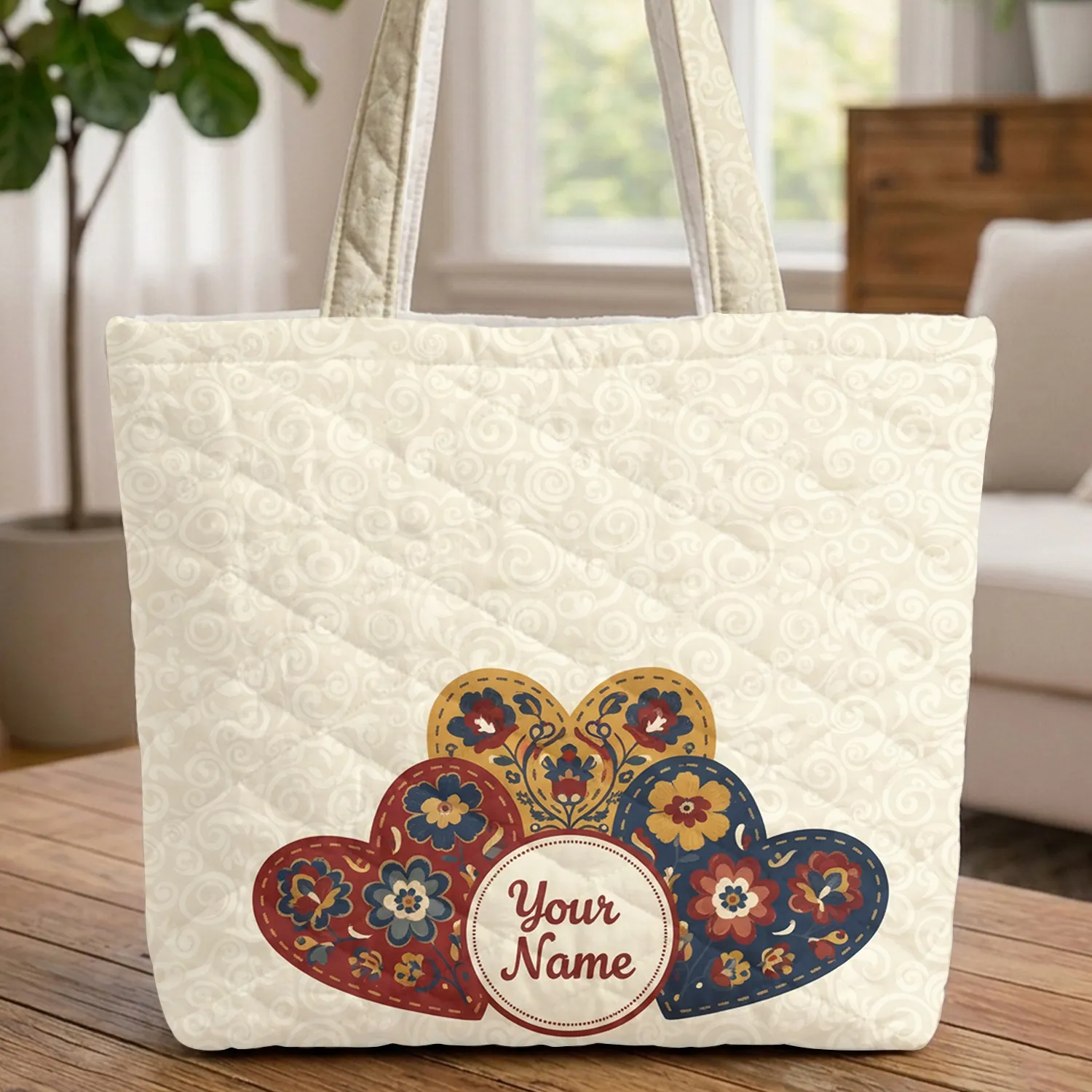 Ornate Hearts Swirling Loops Your Name - Everyday Carry Gift Quilted Tote Bag - 1