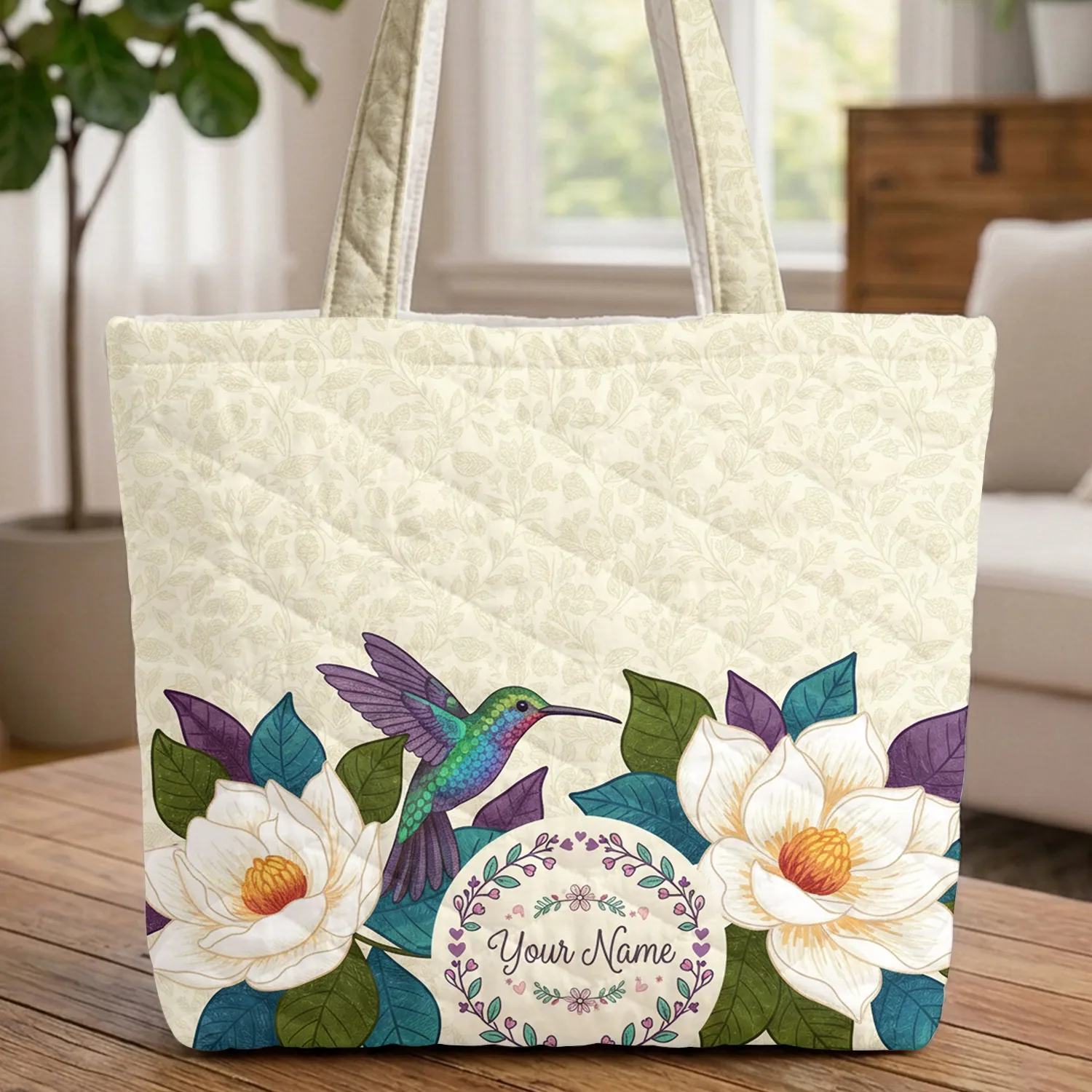 Iridescent Hummingbird Magnolia Pressed Leaves Floral - Everyday Carry Gift Quilted Tote Bag - 1