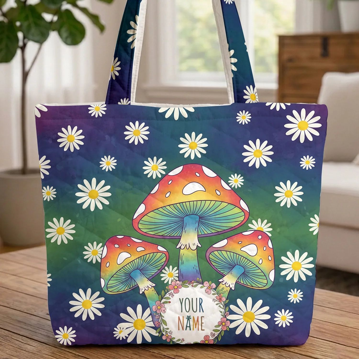 Rainbow Mushroom Daisy Floral Wreath Your Name Everyday Carry Gift Quilted Tote Bag - 1