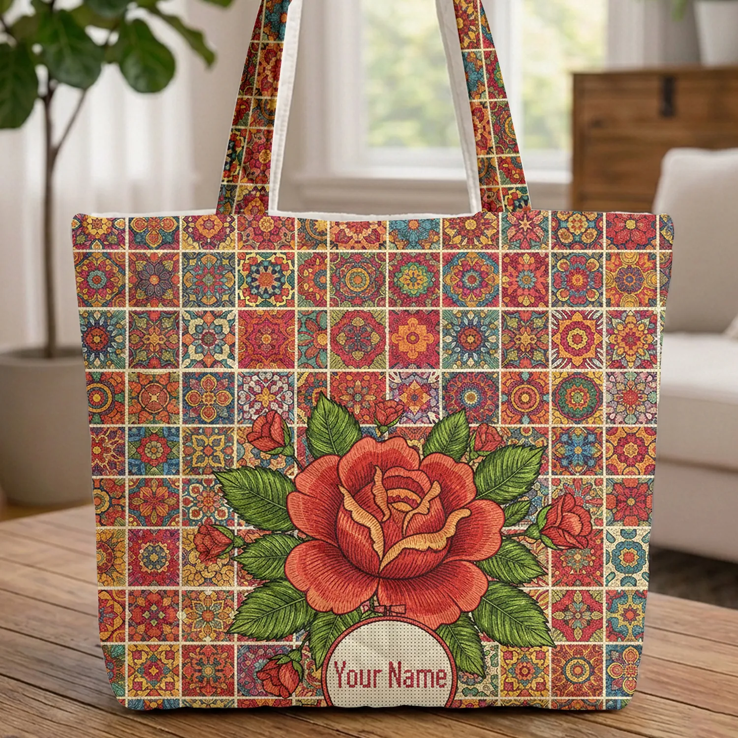 Rose Leaves Stars Circles Waves Folk Art Quilt Patchwork - Everyday Carry Gift Quilted Tote Bag - 1