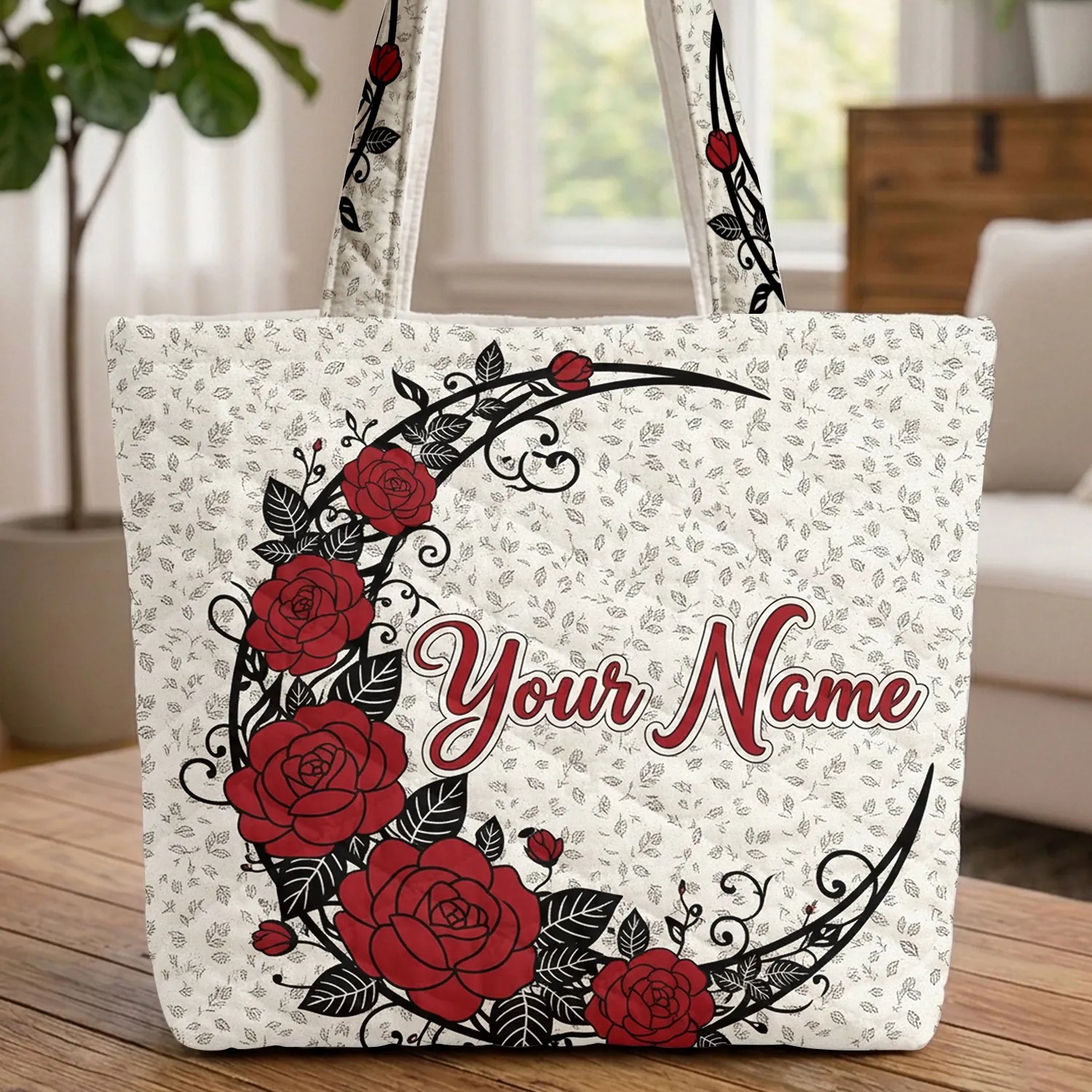 Rose Crescent Moon Black Leaf Calligraphy Name Everyday Carry Gift for Women Quilted Tote Bag - 1