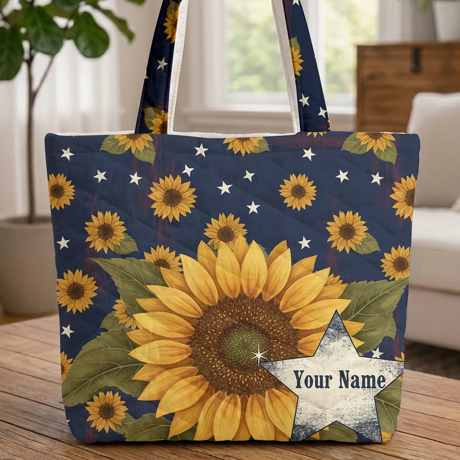 Navy Goldenrod Sunflower Distressed Star Cartouche Personalized Everyday Travel Carry Gift Quilted Tote Bag - 1