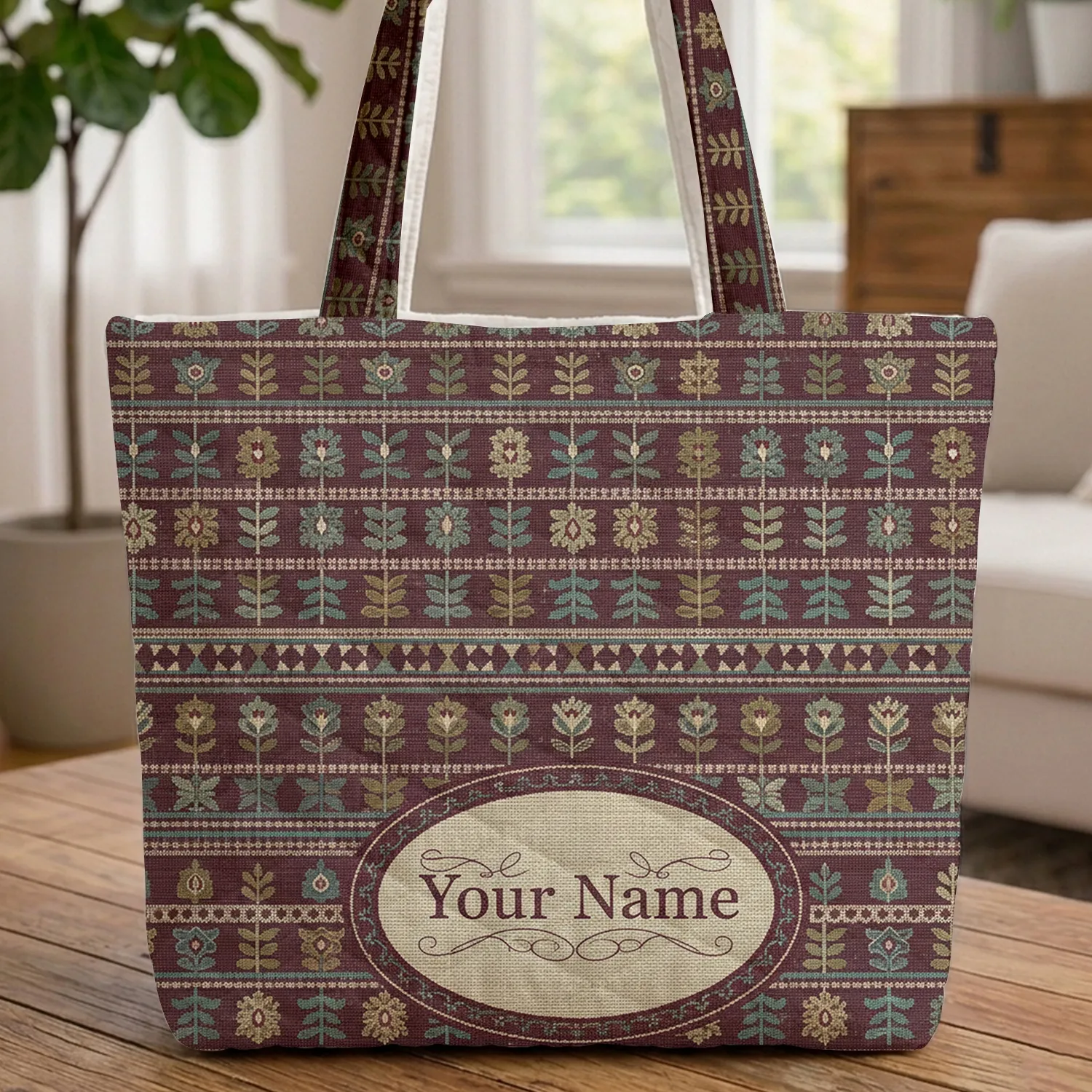 Folk Art Tapestry Botanical Geometric Medallion Everyday Carry Gift Quilted Tote Bag - 1