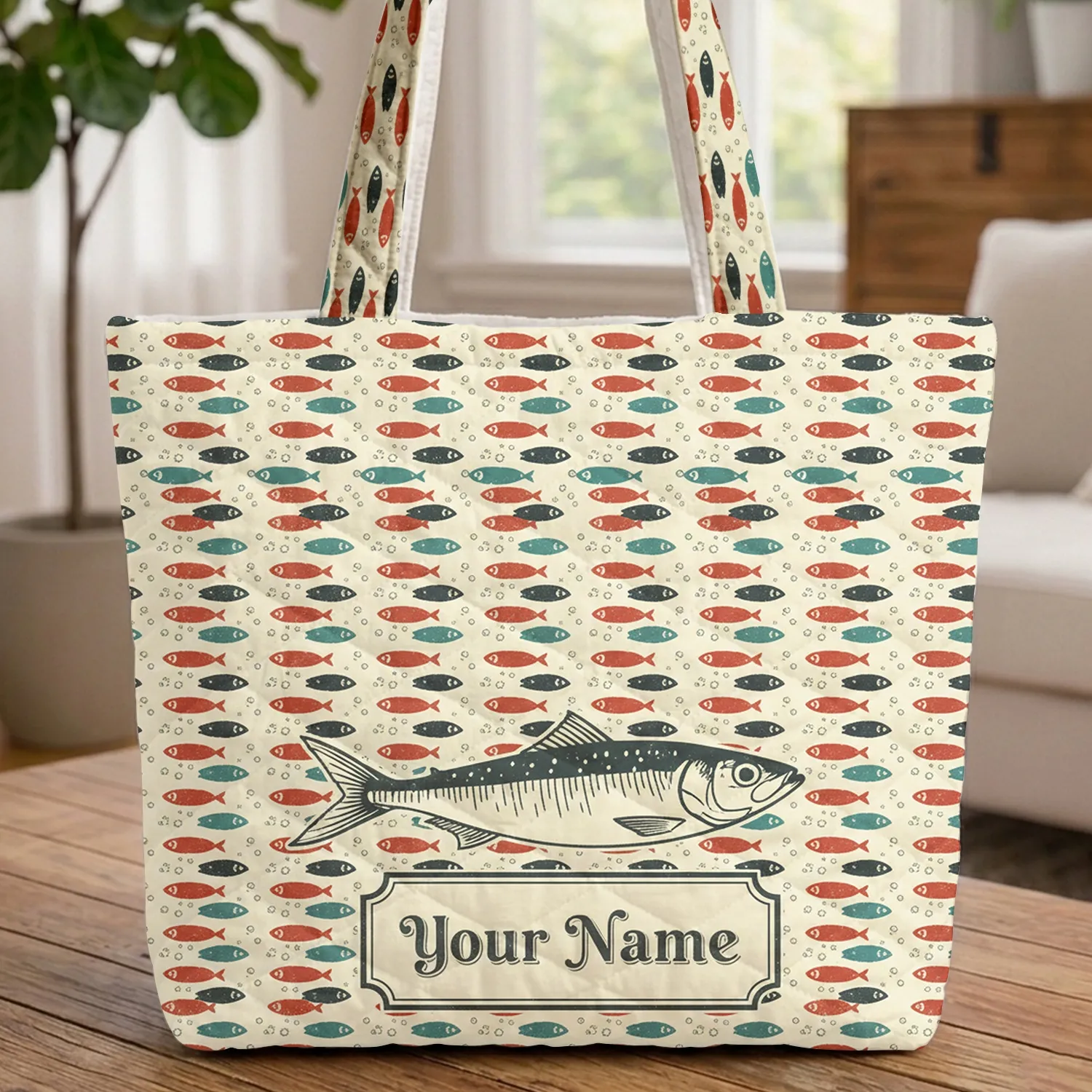Sardine Fish Bubbles Your Name Plaque Market Day Gift for Fish Lover Quilted Tote Bag - 1