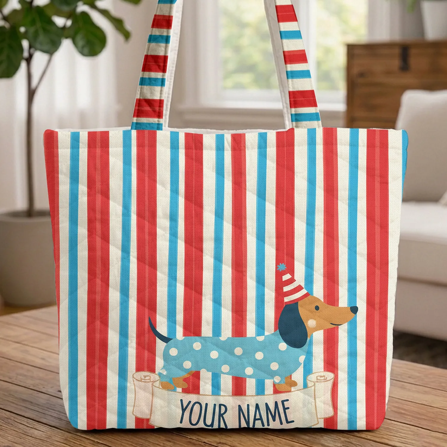 Dachshund Dog Polka Dot Striped Hat Name Scroll - Dachshund Lover Everyday Gift Quilted Tote Bag - 1