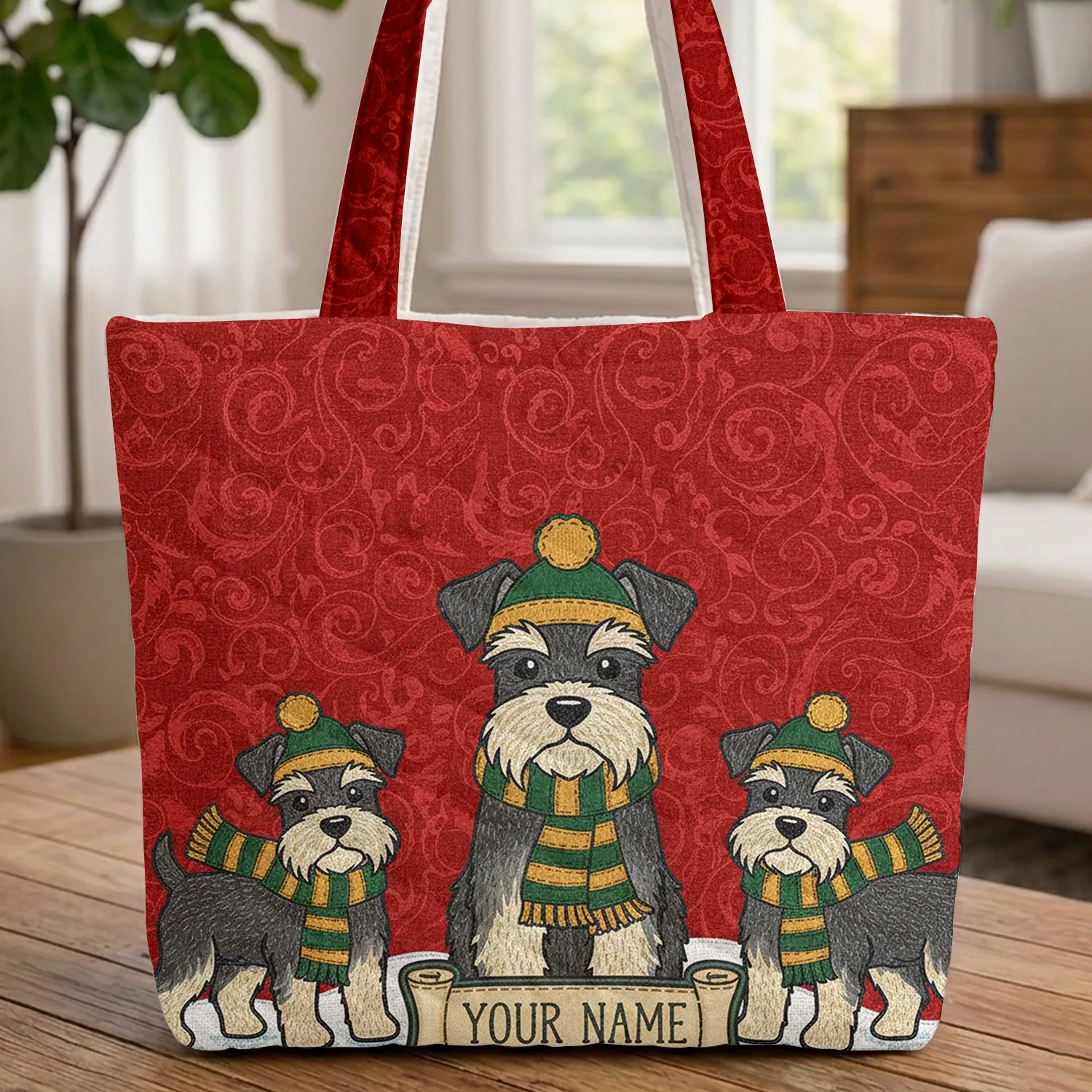 Personalized Schnauzer Dogs Red Scrollwork Winter Holiday Everyday Carry Quilted Tote Bag - 1