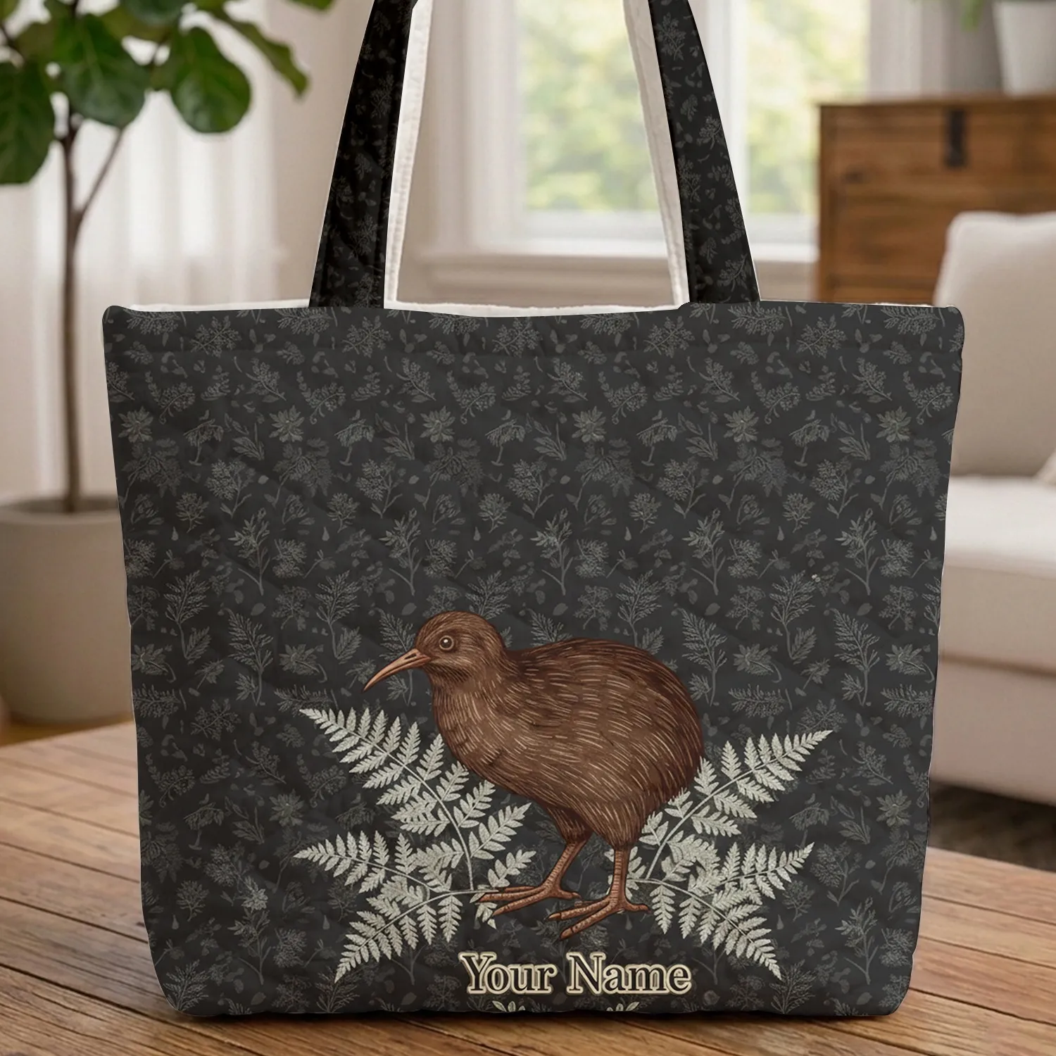 Kiwi Bird Silver Fern Leaves Floral Wreath - Wildlife Lover Everyday Use Quilted Tote Bag - 1