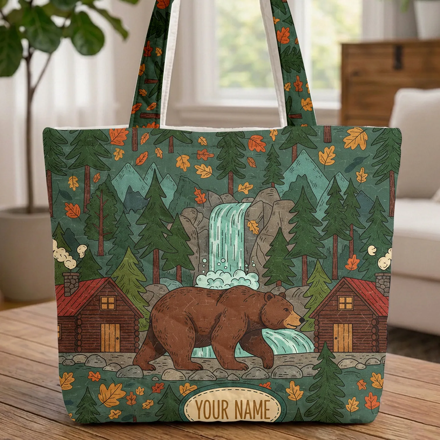 Brown Bear Log Cabin Waterfall Forest - Wildlife Lover Everyday Carry Gift Quilted Tote Bag - 1