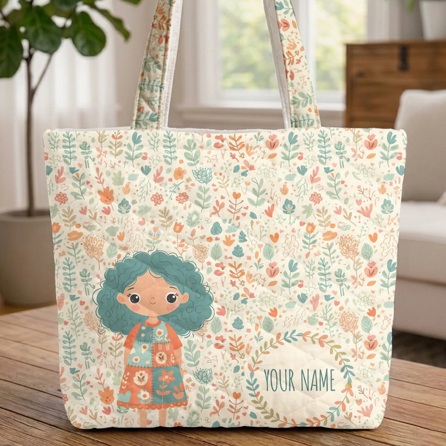 Curly Teal Hair Girl Floral Wreath Name Botanical Leaves - Everyday Carry Gift Quilted Tote Bag - 1