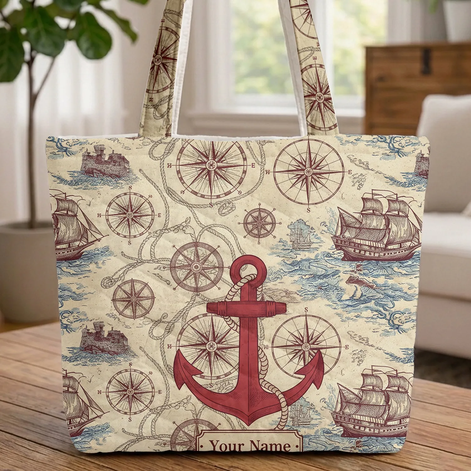 Ornate Red Anchor Vintage Nautical Map Compass Ship - Travel Essentials Gift for Sailors Quilted Tote Bag - 1