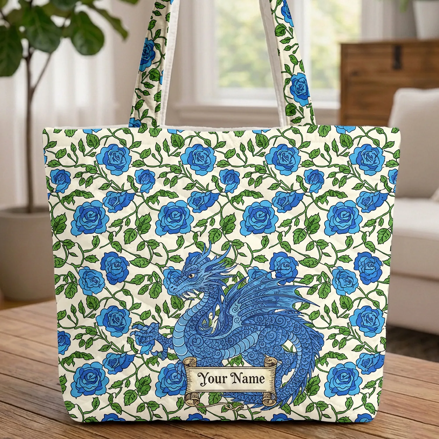 Blue Dragon Swirling Blue Rose Floral Vine - Everyday Carry Gift for Dragon Lover Quilted Tote Bag - 1