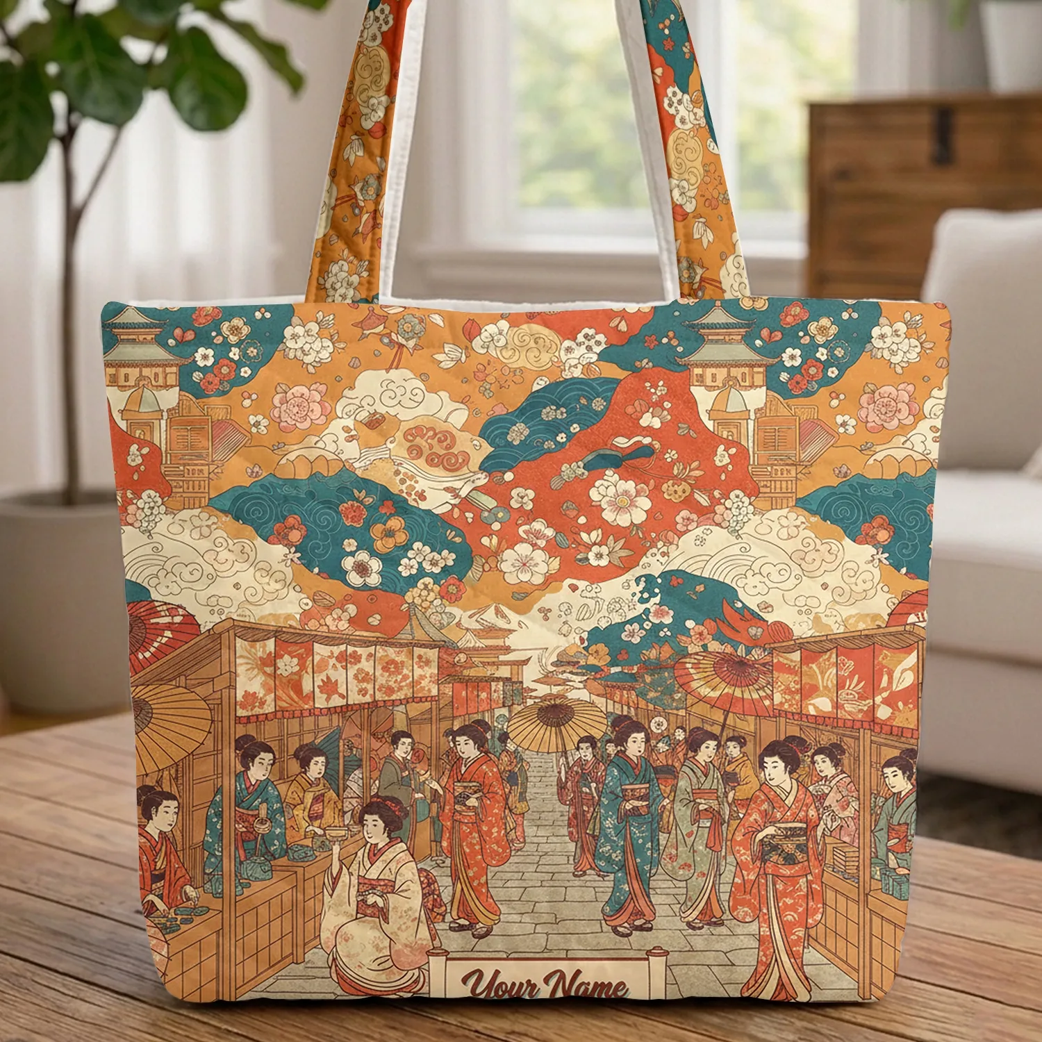 Japanese Street Scene Kimono Figures Cherry Blossom - Travel Essentials Gift Quilted Tote Bag - 1