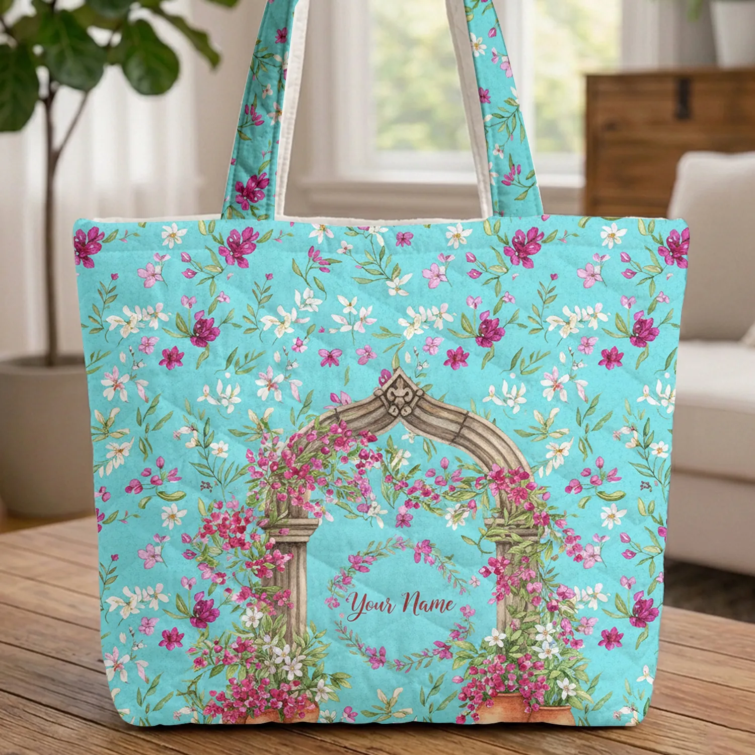 Mediterranean Stone Archway Bougainvillea Jasmine Floral - Everyday Carry Gift Quilted Tote Bag - 1
