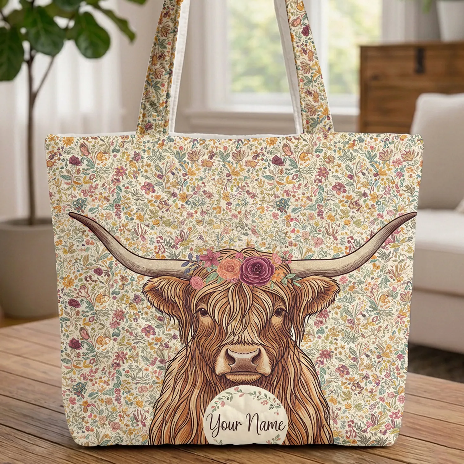 Highland Cow Wildflower Wreath - Everyday Carry Gift for Cow Lover Quilted Tote Bag - 1