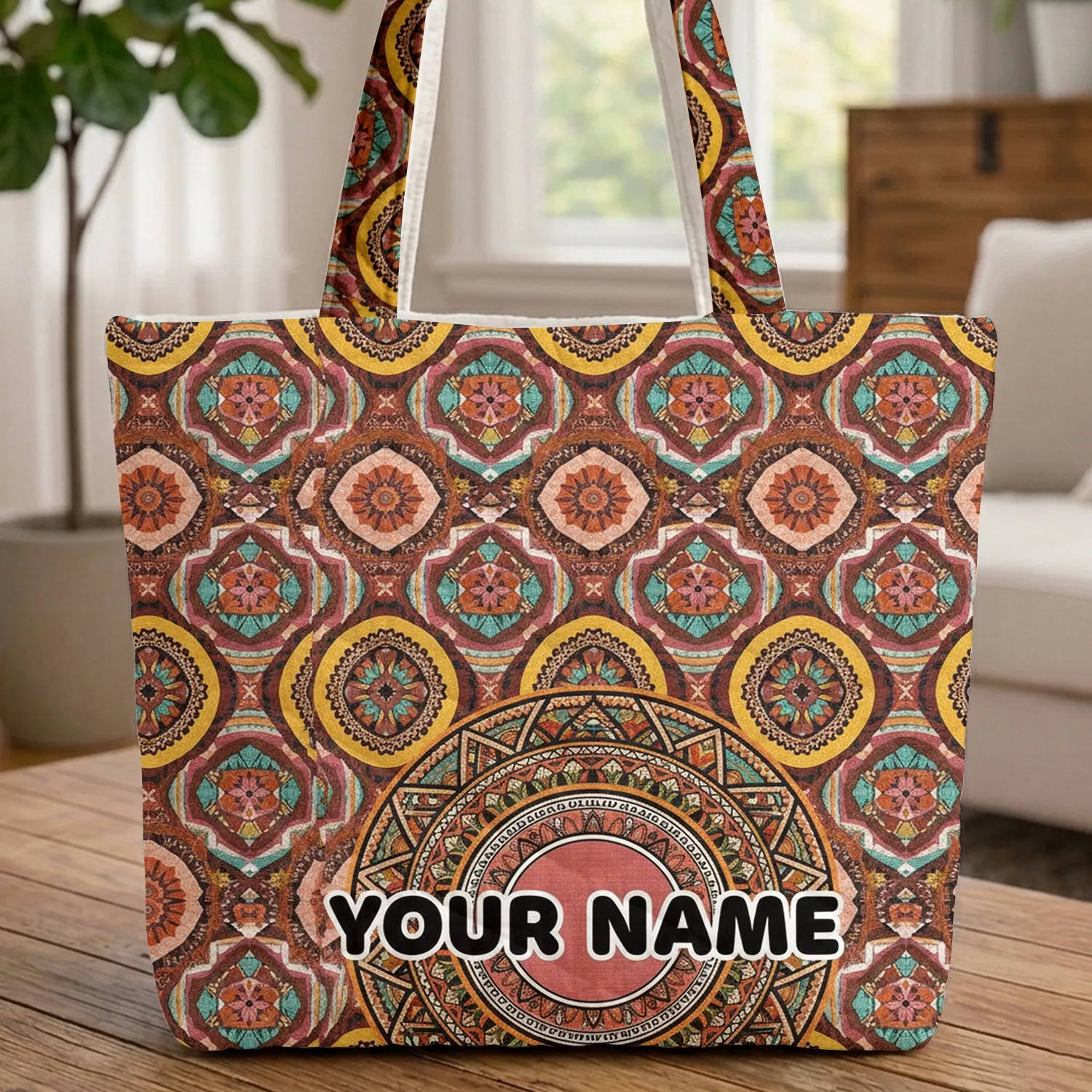 Ethnic Semicircle Triangle Stripe Diamond Mandala Medallion - Everyday Carry Gift Quilted Tote Bag - 1