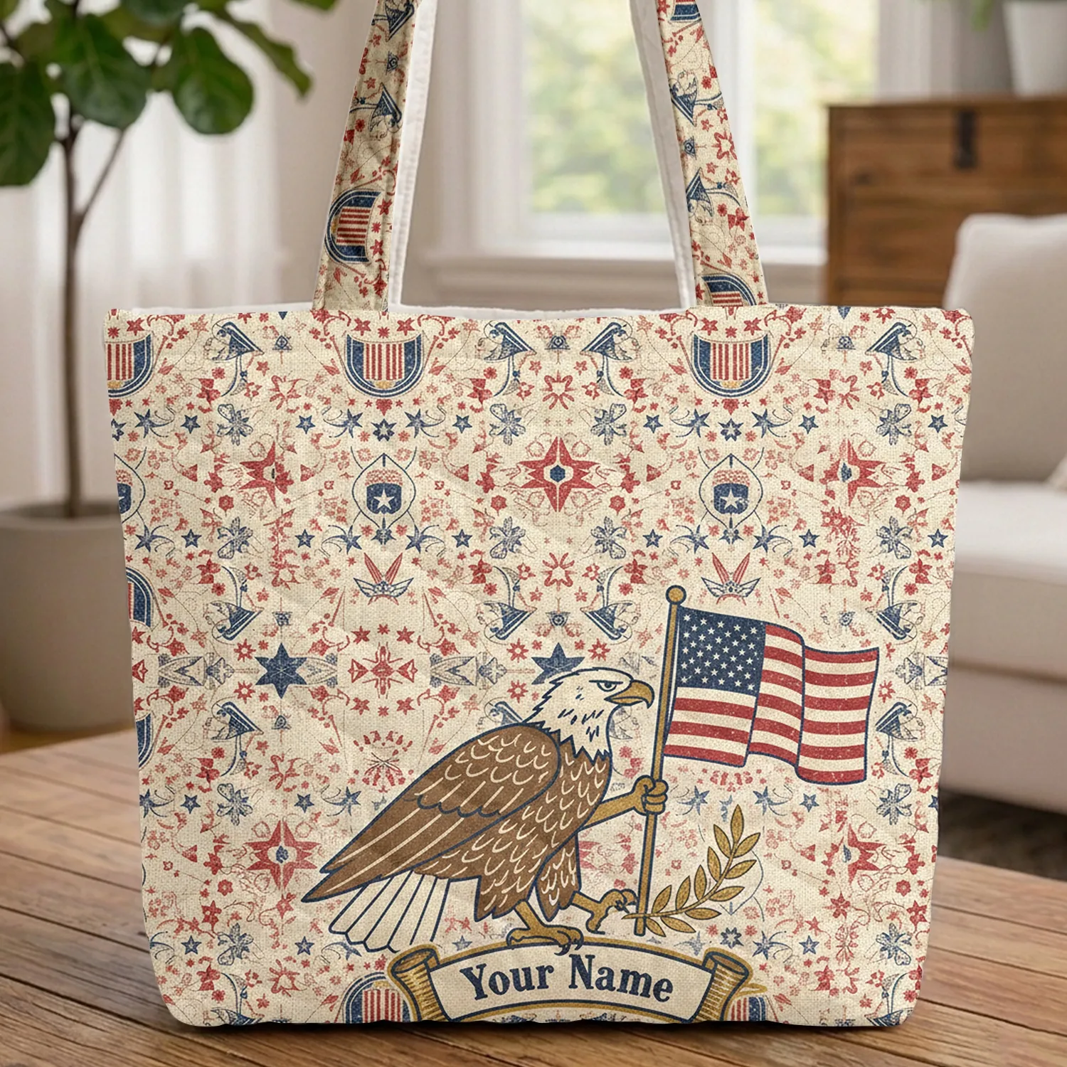 Bald Eagle American Flag Americana Stars - Everyday Carry Gift Quilted Tote Bag - 1