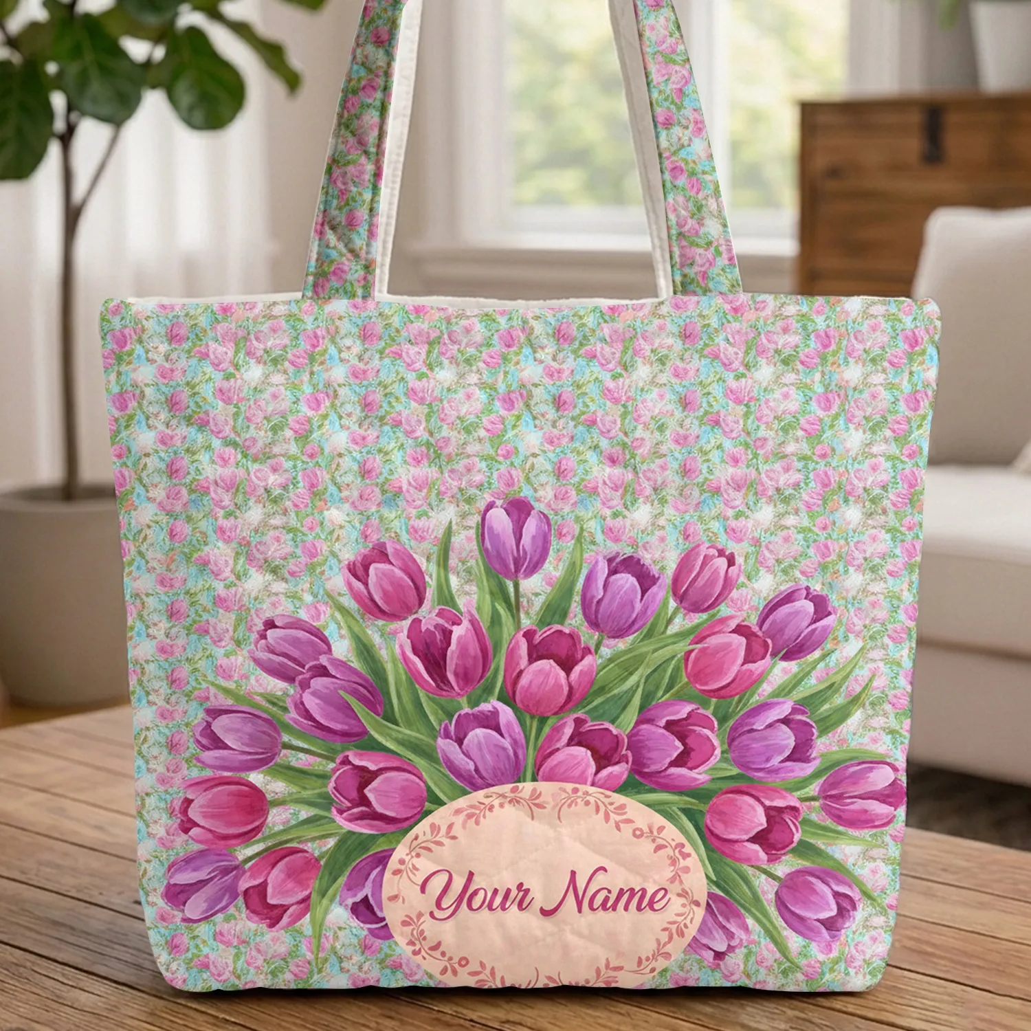 Pink Purple Tulip Blossoms Green Leaves Floral Wreath Flowing Calligraphy Name - Everyday Carry Gift Quilted Tote Bag - 1