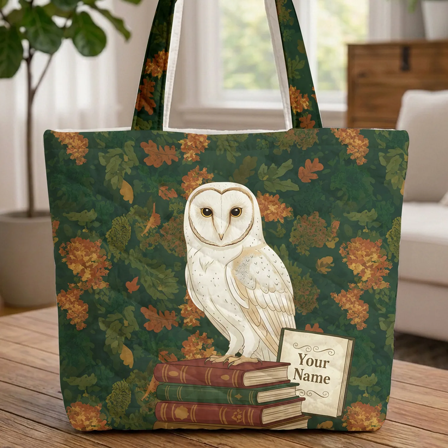 Autumn Leaves Moss Forest Barn Owl Antique Books Journal - Everyday Carry Gift Quilted Tote Bag - 1