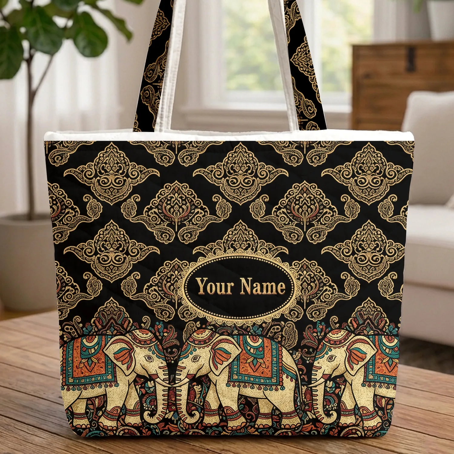 Boho Three Elephants Paisley Golden Swirls Everyday Carry Gift Quilted Tote Bag - 1