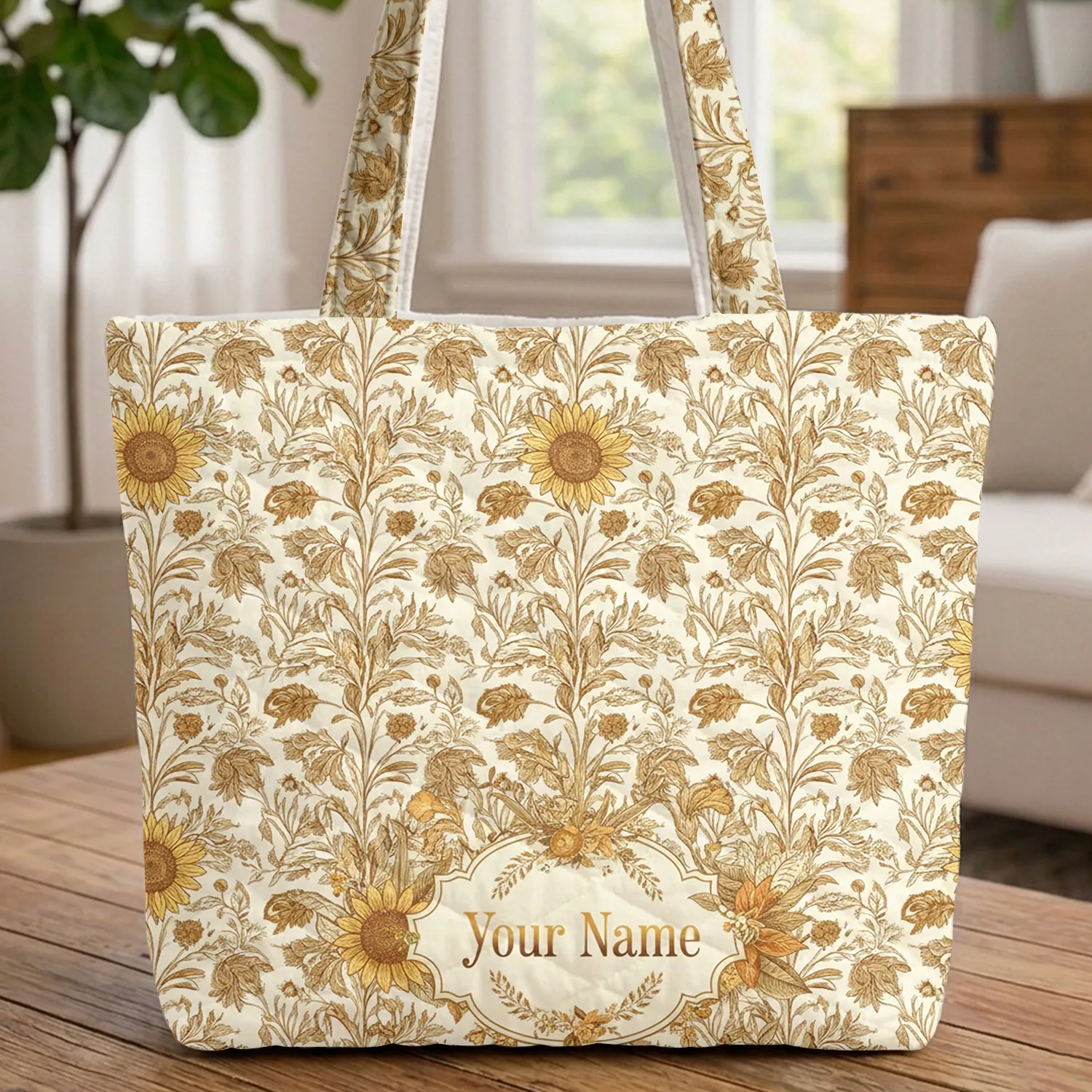 Ornate Botanical Sunflowers Irises Foliage Name - Everyday Carry Travel Gift Quilted Tote Bag - 1