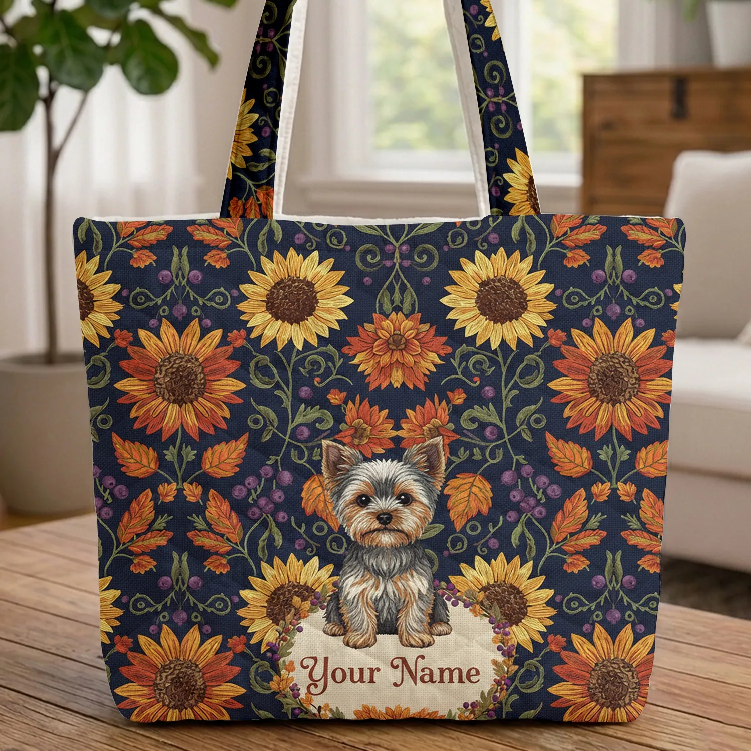 Yorkshire Terrier Dog Autumnal Sunflowers Dahlias Berries Leaves Everyday Carry Gift Yorkie Lover Quilted Tote Bag - 1