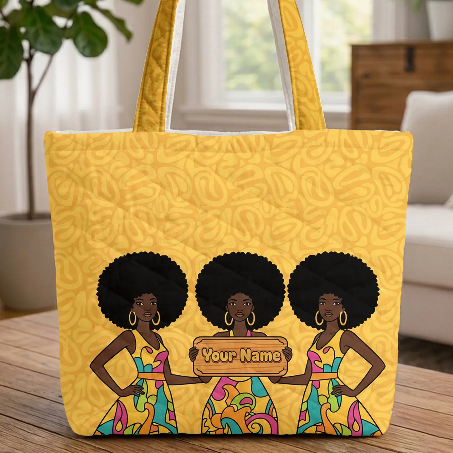 Afro Women Dresses Personalized Bubble Letters Geometric Shapes Everyday Carry Quilted Tote Bag - 1