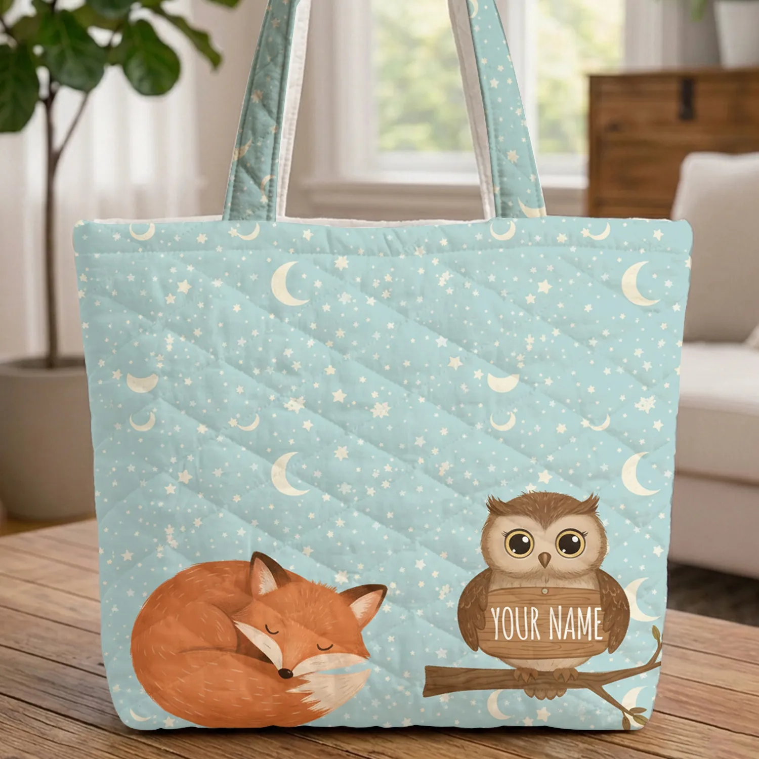 Sleeping Fox Curious Owl Personalized Name Stars Moon Everyday Carry Gift Quilted Tote Bag - 1
