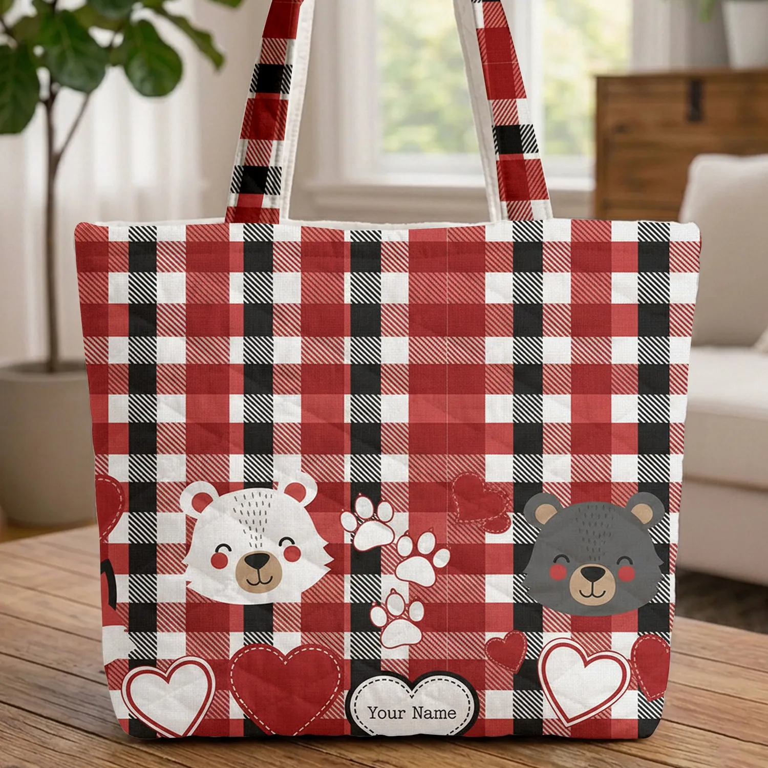 Paw Prints Hearts Buffalo Check Gingham Plaid - Everyday Carry Gift for Pet Lover Quilted Tote Bag - 1