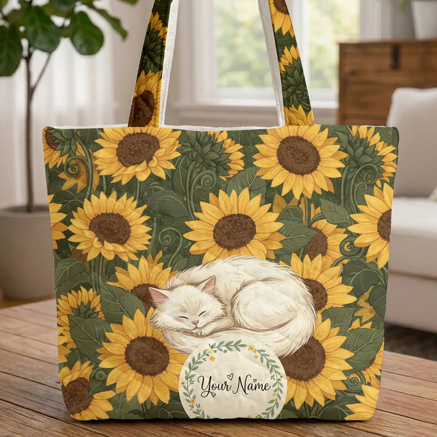 Sleeping White Cat Sunflowers Name Floral Wreath Everyday Carry Gift for Cat Lover Quilted Tote Bag - 1