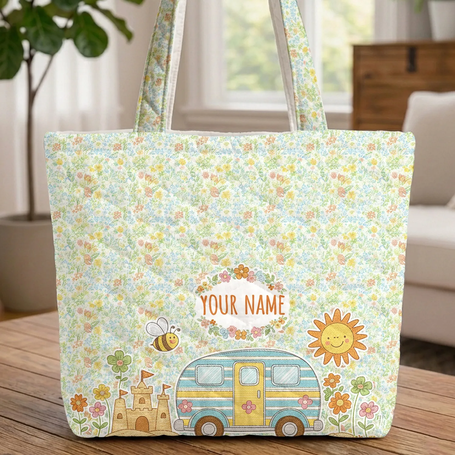 Personalized Retro Camper Van Picnic Beach Scene Wildflowers - Travel Essentials Quilted Tote Bag - 1