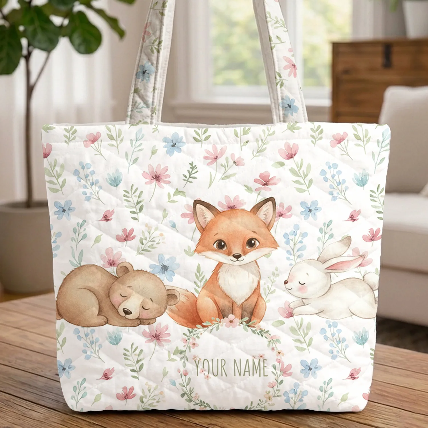 Fox Bear Bunny Woodland Wildflower Name Wreath - Wildlife Lover Everyday Carry Travel Gift Quilted Tote Bag - 1