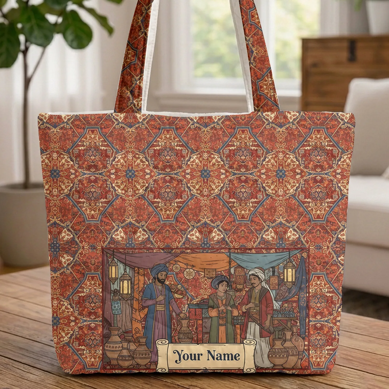 Middle Eastern Market Figures Geometric Floral Pottery - Everyday Carry Gift Quilted Tote Bag - 1