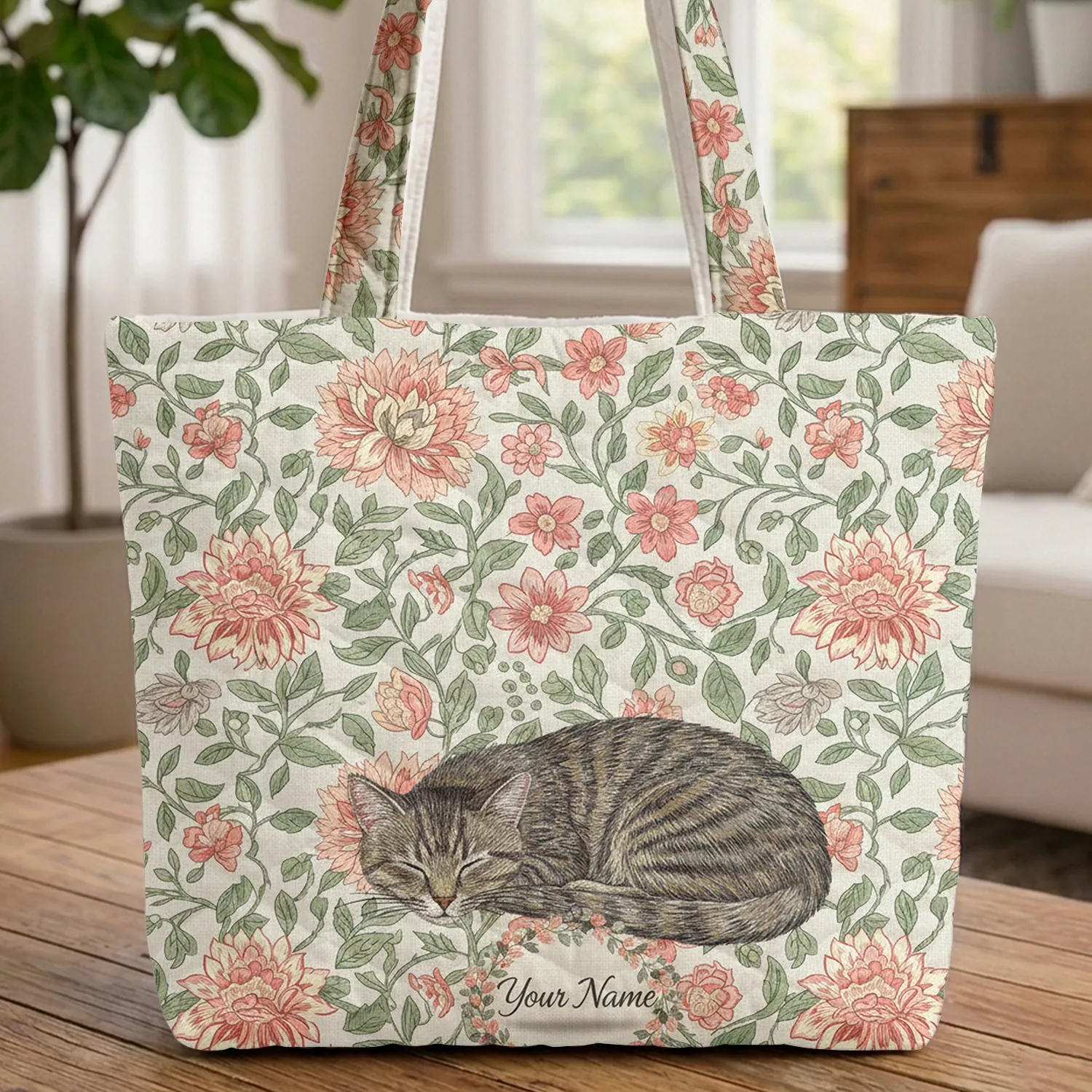 Curled Tabby Cat Flowers - Everyday Carry Gift for Cat Lover Quilted Tote Bag - 1